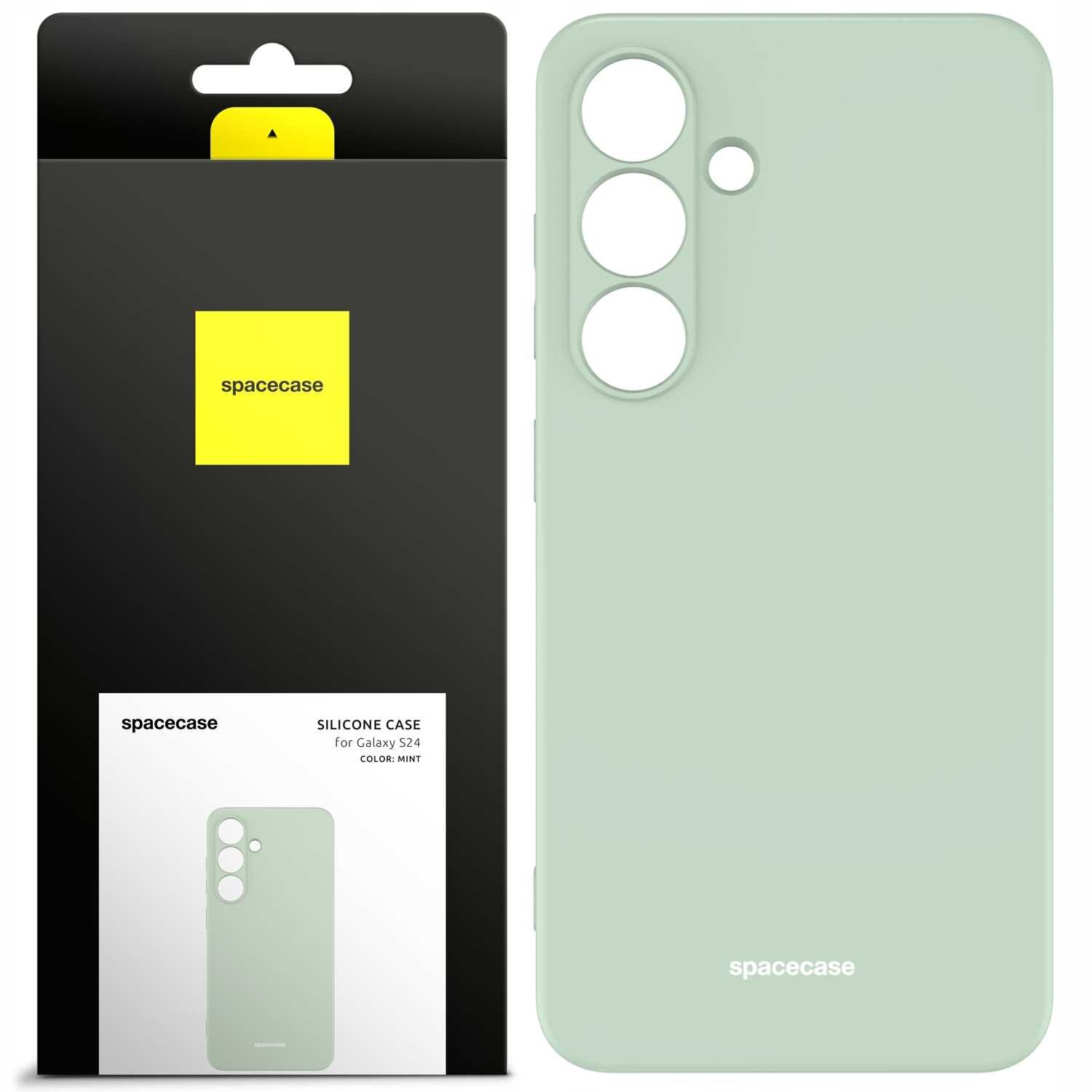 Obraz przedstawia zielone silikonowe etui na telefon z trzema otworami na aparaty i jednym mniejszym otworem. Obok znajduje się opakowanie z logo \'spacecase\' i napisem \'SILICONE CASE for Galaxy S24 COLOR: MINT\'.