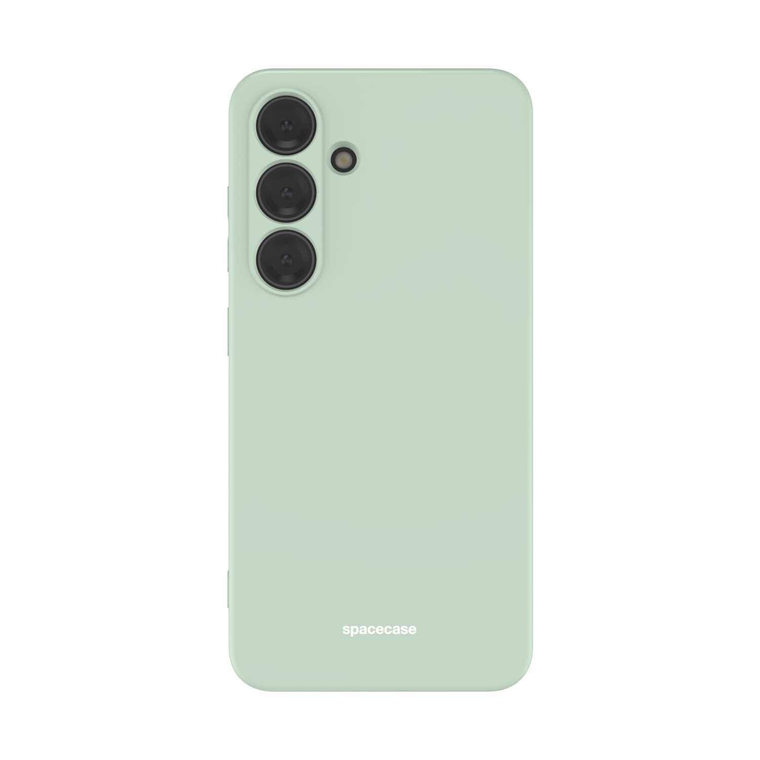 Zielone silikonowe etui na telefon z trzema okrągłymi wycięciami na aparaty i jednym mniejszym na lampę błyskową. Na dole widoczny jest napis \'spacecase\'.