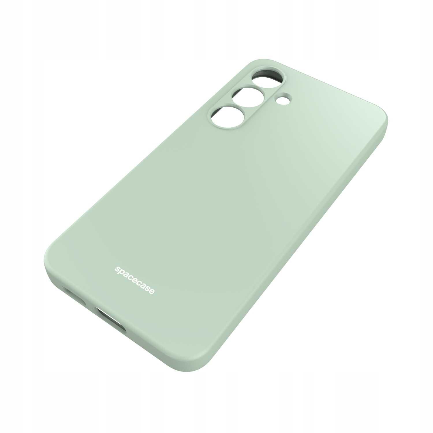 Zielone silikonowe etui z trzema otworami na aparaty i napisem \'spacecase\' na dole.