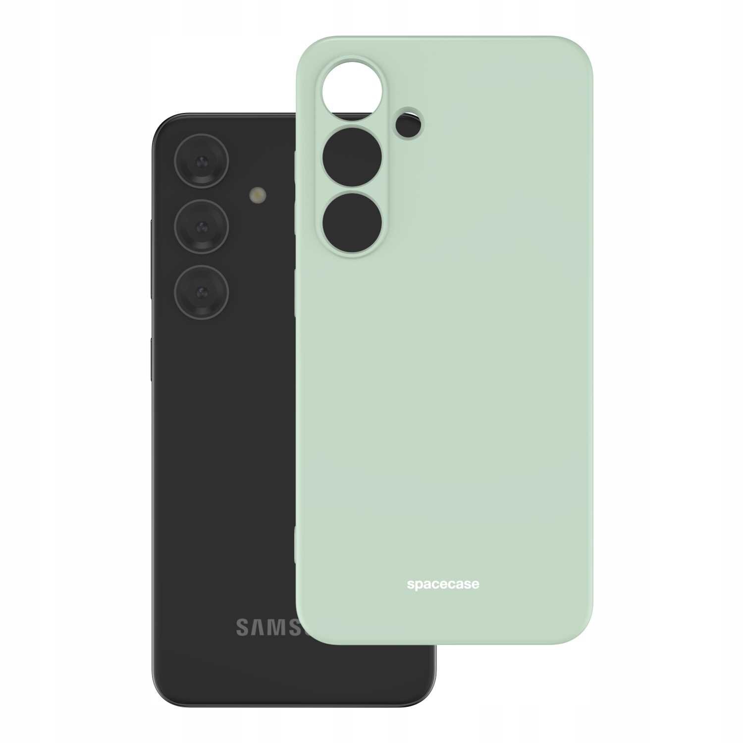 Na obrazie widoczne jest zielone silikonowe etui z napisem \'spacecase\', obok czarnego telefonu z trzema aparatami. Logo \'SAMSUNG\' znajduje się na dolnej części telefonu.