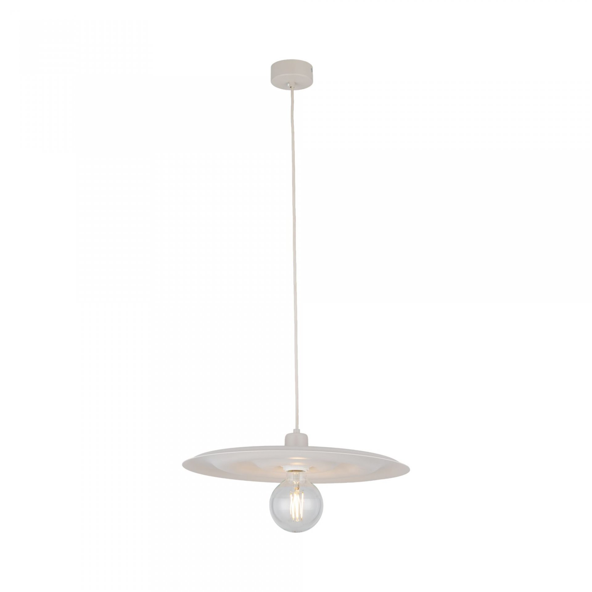 Na obrazie widoczna jest lampa wisząca z okrągłym kloszem i żarówką w środku, zawieszona na cienkim przewodzie. Klosz ma jasny kolor, a całość jest minimalistyczna i nowoczesna.