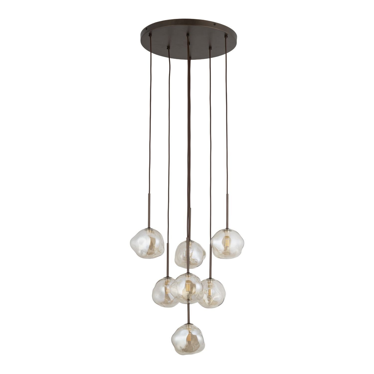 Lampa wisząca z sześcioma szklanymi kloszami o nieregularnym kształcie, zawieszona na ciemnych przewodach z okrągłą podsufitką.