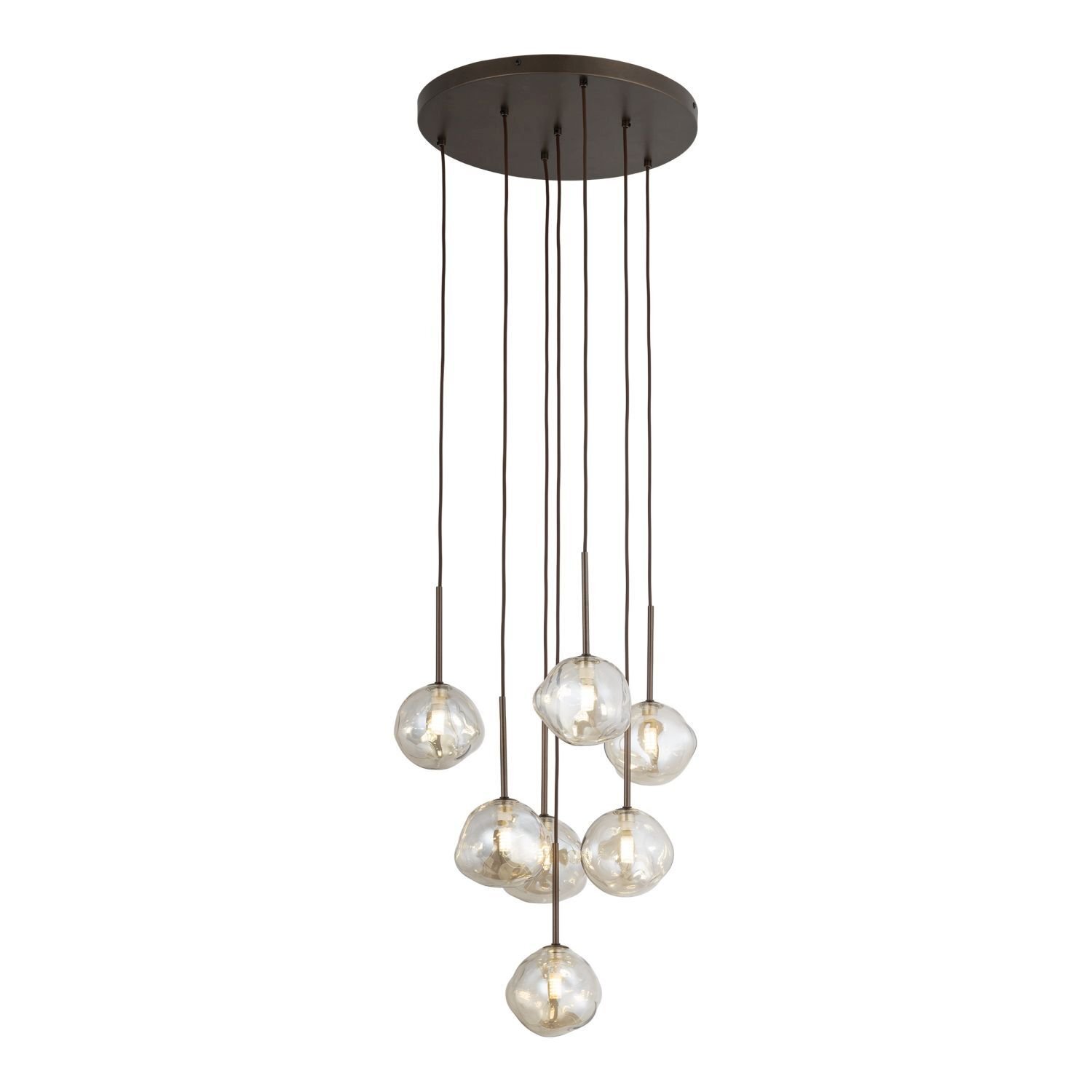 Lampa wisząca z sześcioma szklanymi kloszami o nieregularnym kształcie, zawieszona na ciemnych przewodach z okrągłą podsufitką.