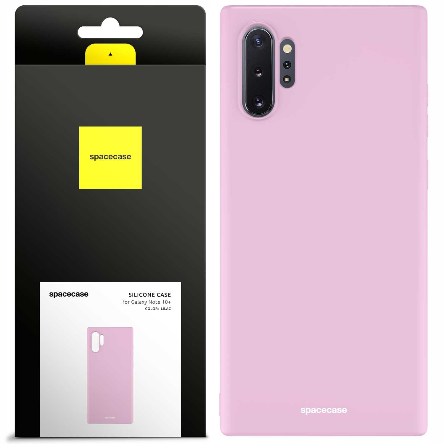 Obraz przedstawia różowe silikonowe etui na telefon Galaxy Note 10+ oraz jego opakowanie. Na opakowaniu widnieje napis \'spacecase\' oraz \'SILICONE CASE for Galaxy Note 10+ COLOR: LILAC\'.