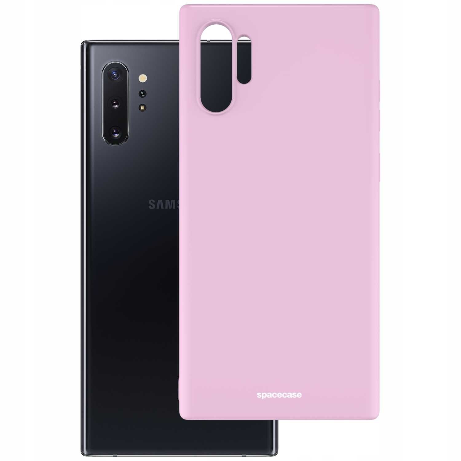 Na obrazie widoczne jest różowe silikonowe etui z wycięciami na aparat i przyciski, z napisem \'spacecase\' na dole. W tle znajduje się czarny telefon z widocznym logo \'SAMSUNG\'.
