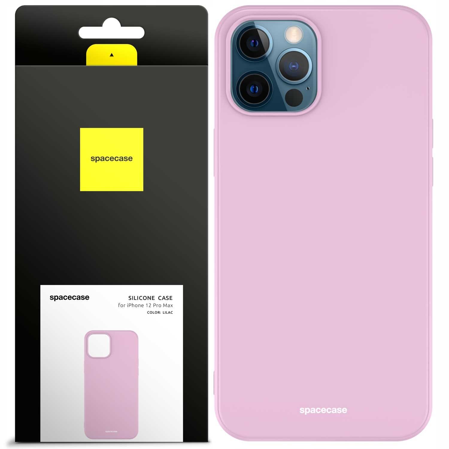 Różowe silikonowe etui na telefon z trzema wycięciami na aparaty. Opakowanie z logo \'spacecase\' i napisem \'SILICONE CASE for iPhone 12 Pro Max COLOR: LILAC\'.