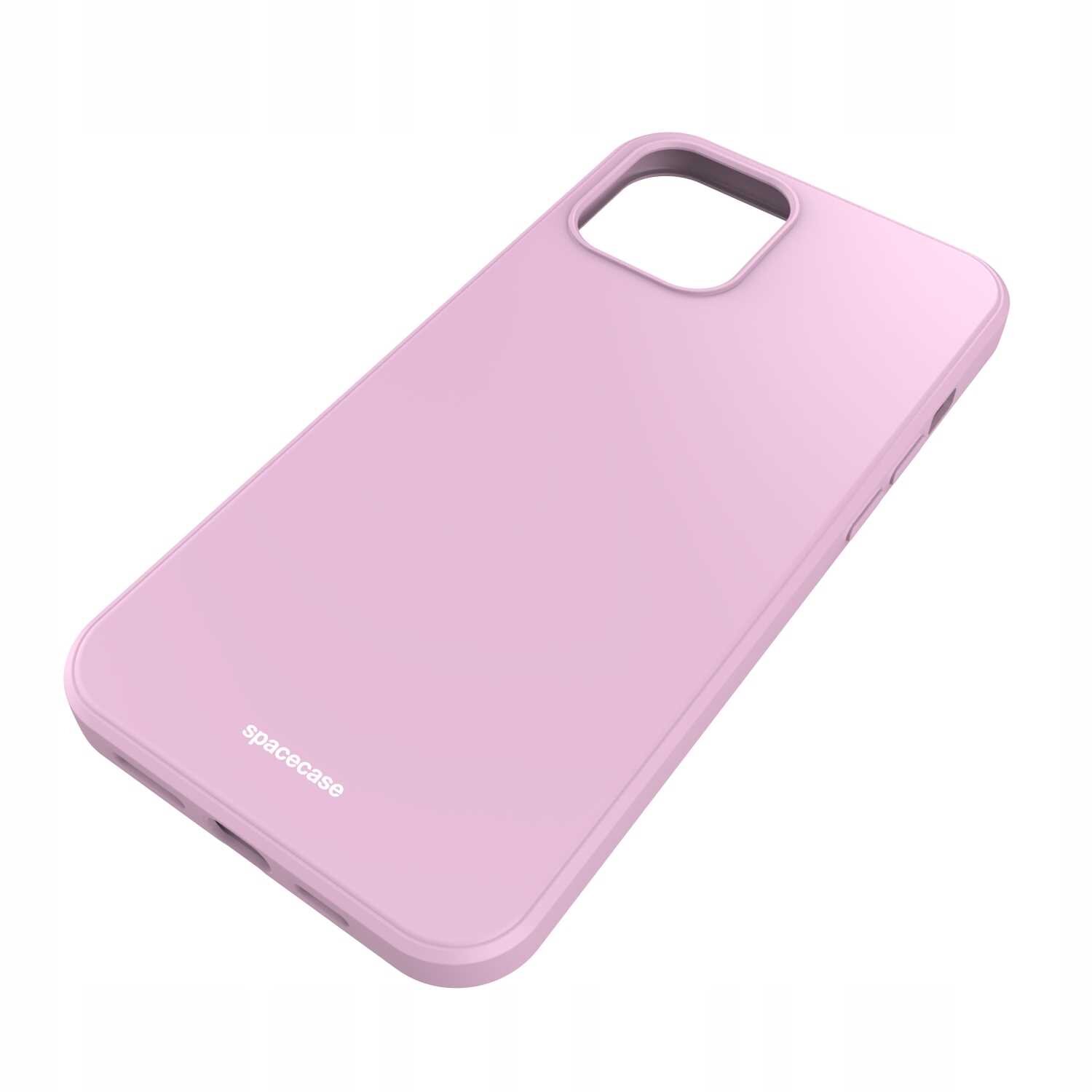 Różowe silikonowe etui na telefon z wycięciem na aparat i napisem \'spacecase\' na dole.
