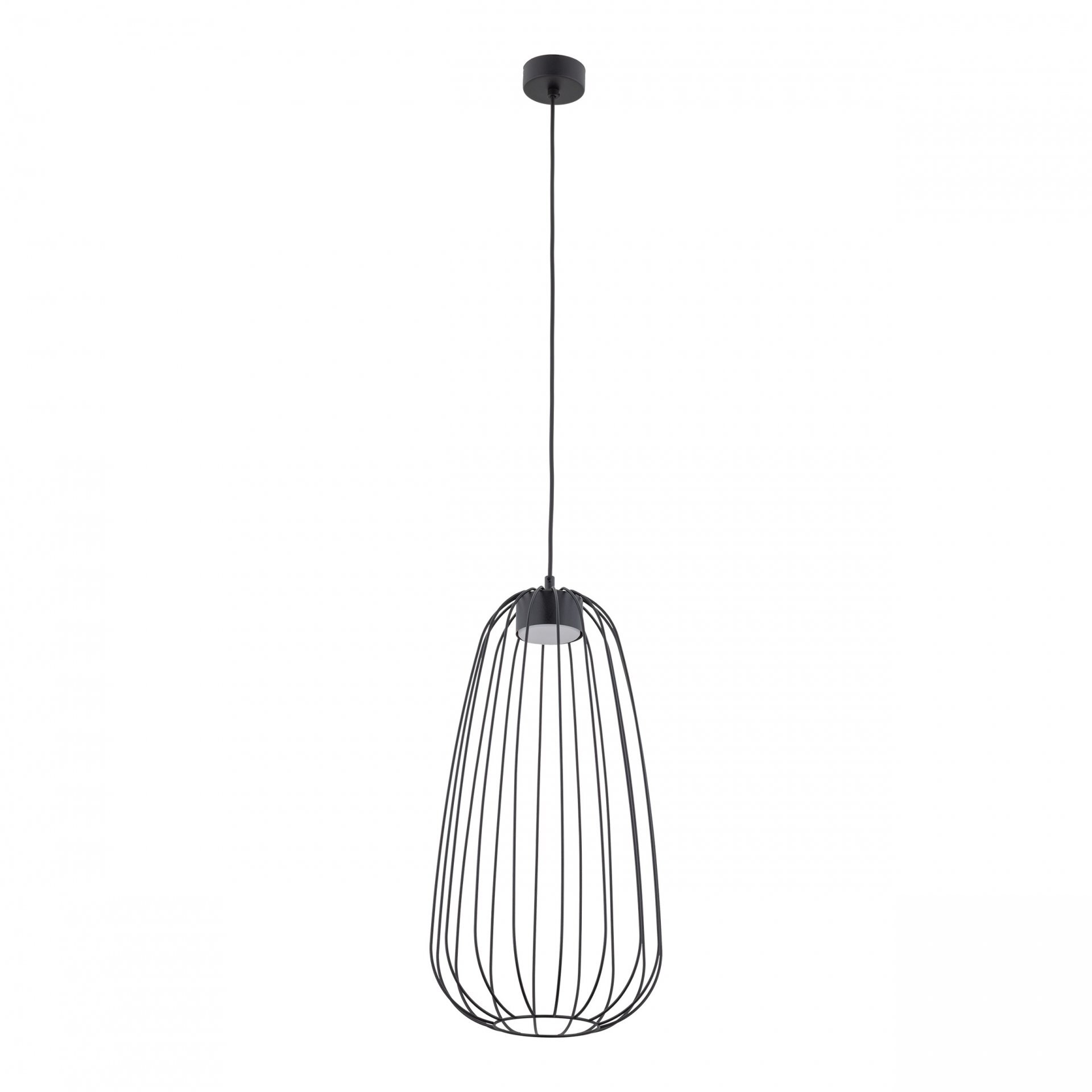 Czarna lampa wisząca o nowoczesnym designie z metalowym kloszem w formie otwartej klatki. Lampa zawieszona jest na cienkim przewodzie z okrągłą podsufitką.