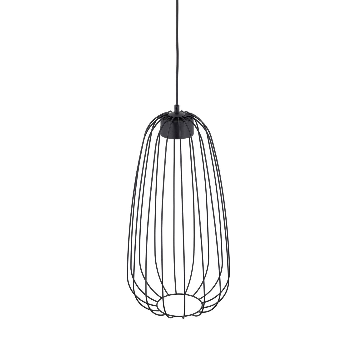 Czarna lampa wisząca o nowoczesnym designie, zbudowana z metalowych prętów tworzących klosz w kształcie wydłużonej kopuły. Lampa zawieszona jest na cienkim przewodzie.