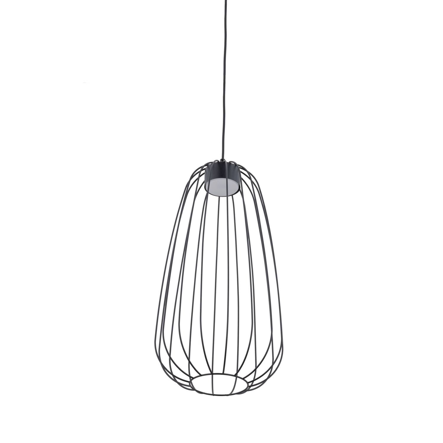 Czarna lampa wisząca o nowoczesnym designie, z metalowym kloszem w formie ażurowej konstrukcji. Lampa zawieszona jest na cienkim przewodzie.