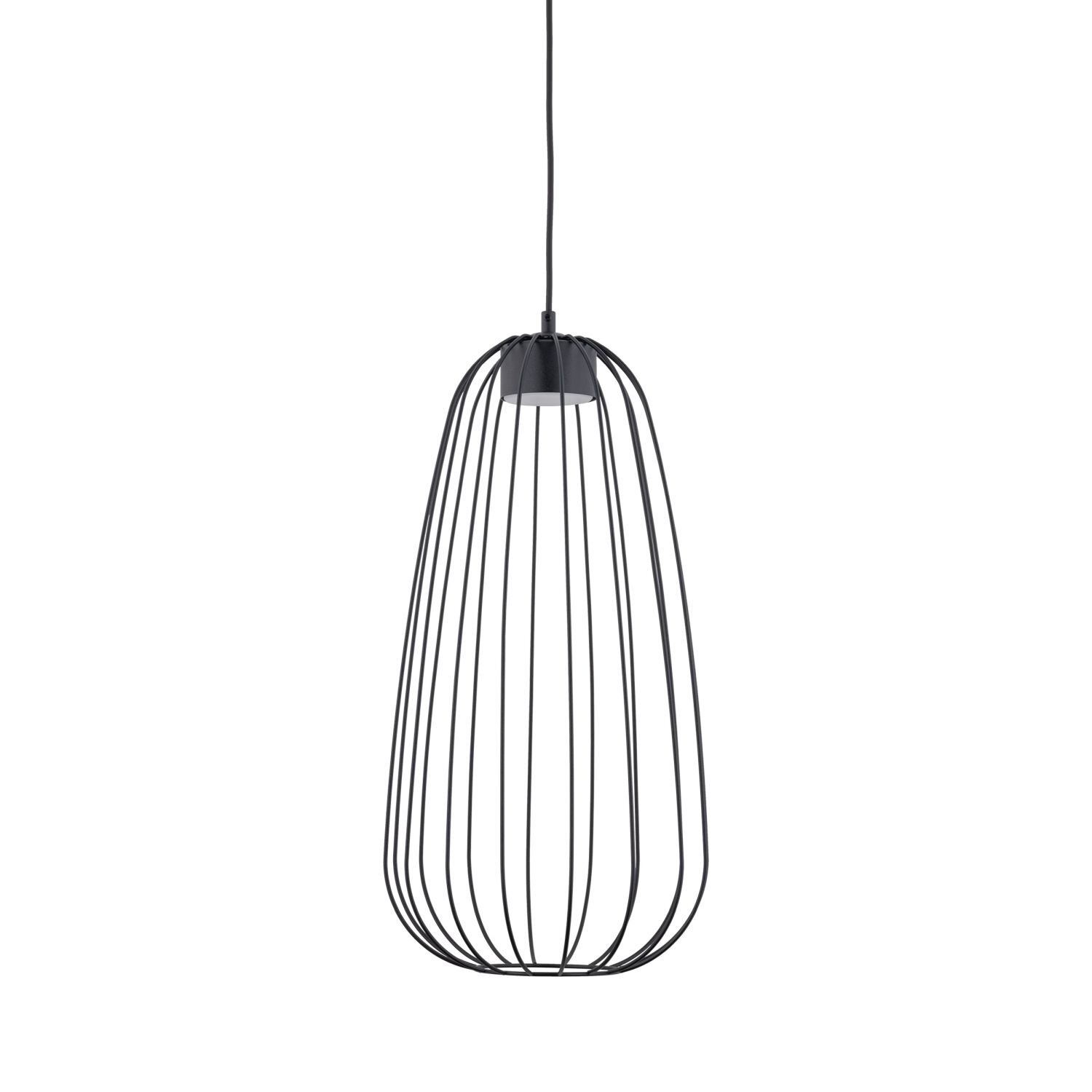 Czarna lampa wisząca o nowoczesnym designie, złożona z metalowych prętów tworzących klosz w kształcie wydłużonej elipsy. Lampa zawieszona jest na cienkim przewodzie.