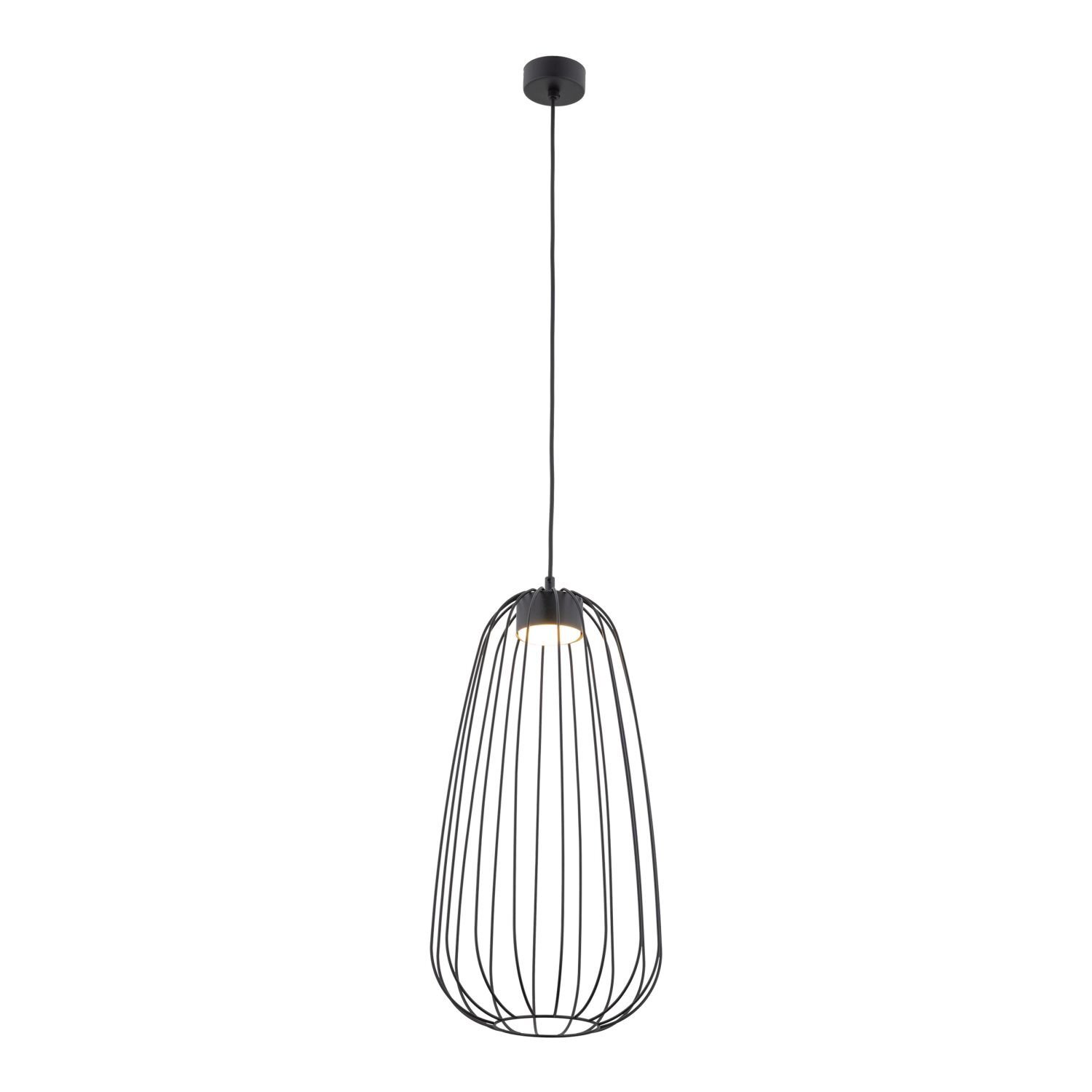 Czarna lampa wisząca o nowoczesnym designie z metalowym kloszem w formie klatki. Lampa zawieszona jest na długim przewodzie z okrągłą podsufitką.