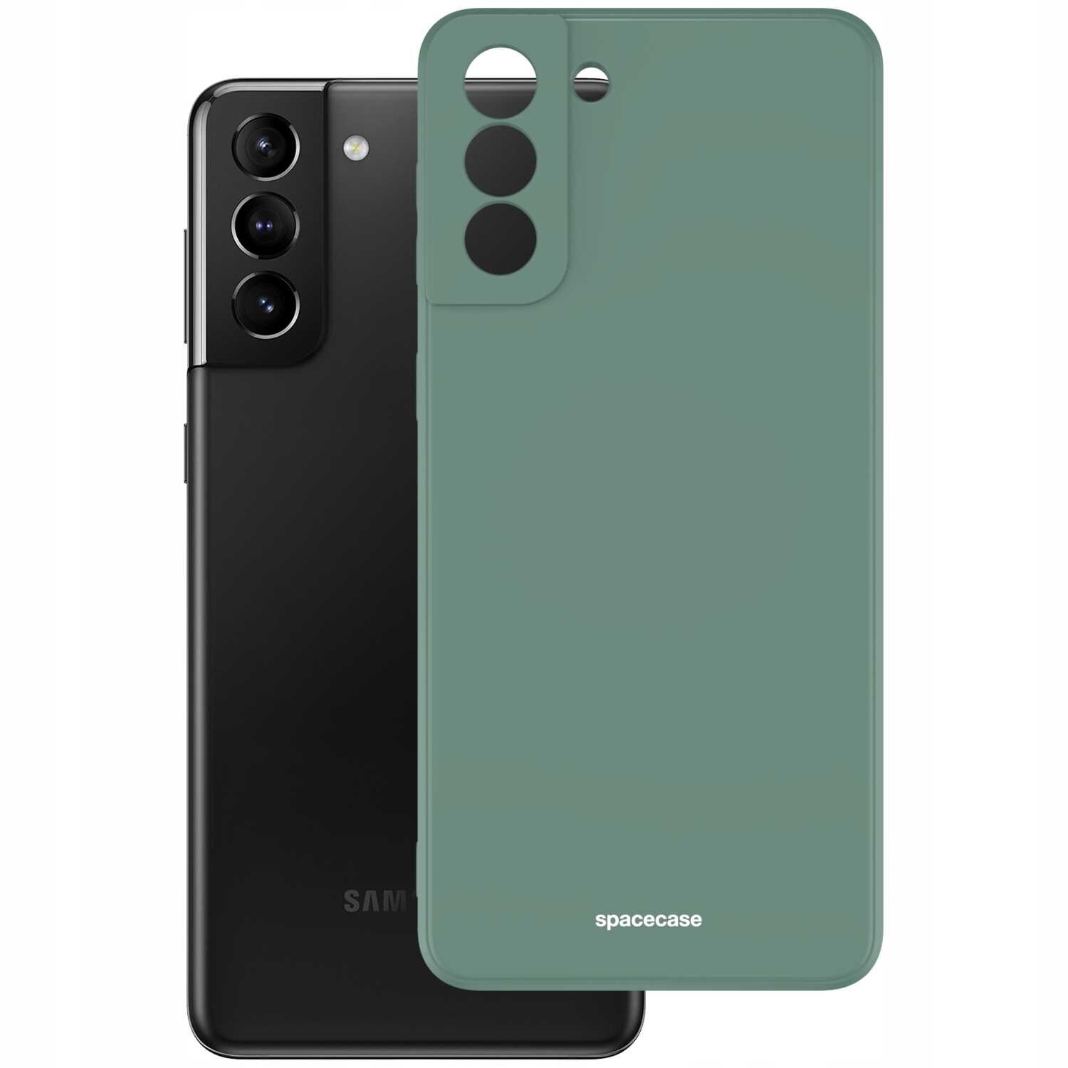 Na obrazie widoczne jest zielone silikonowe etui SPACECASE do telefonu Galaxy S21+, z wycięciami na aparat i logo \'spacecase\'.