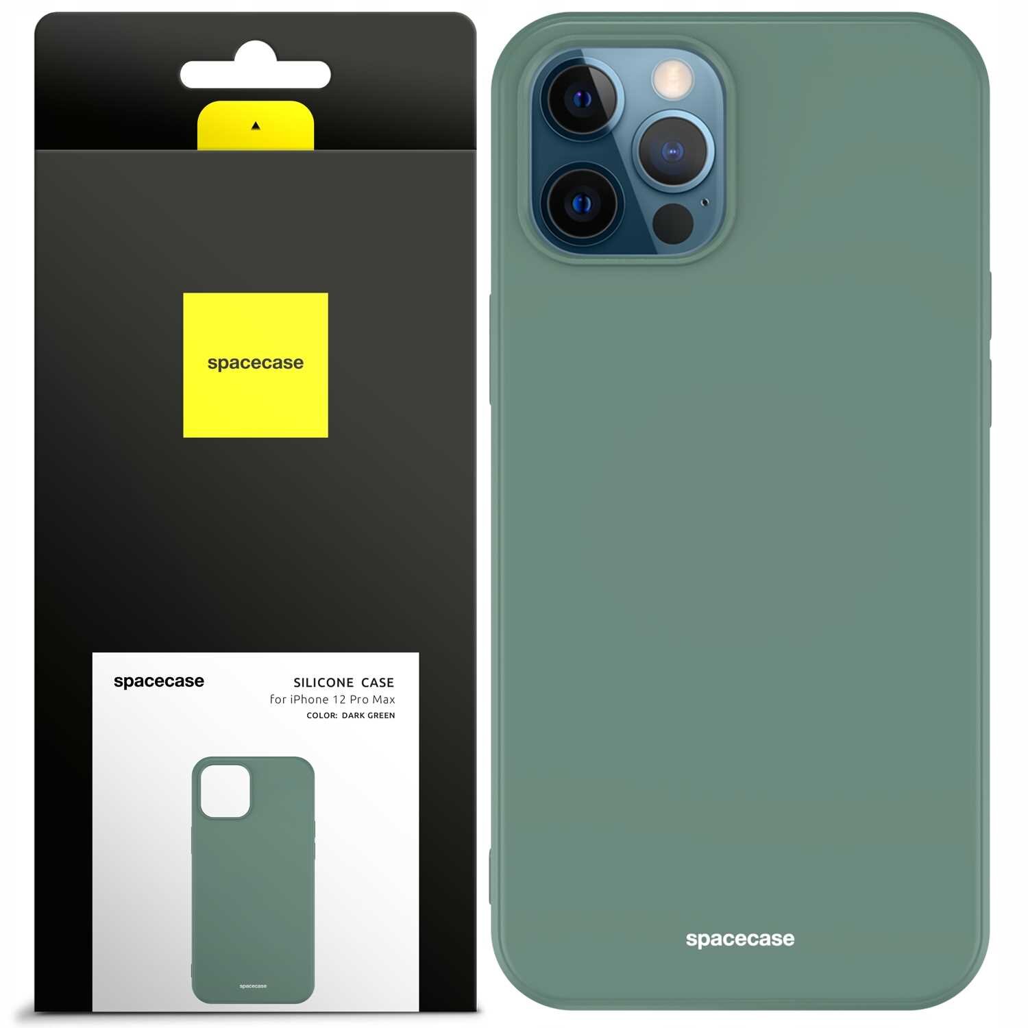 Zielone silikonowe etui na iPhone 12 Pro Max z widocznym logo \'spacecase\'. Opakowanie produktu jest czarne z żółtym prostokątem i napisem \'spacecase\'.