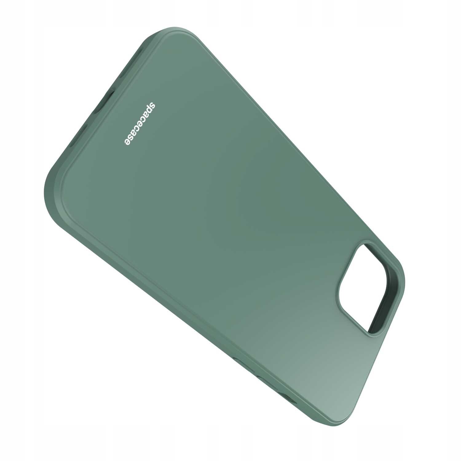 Zielone silikonowe etui z wycięciem na aparat, z widocznym logo \'spacecase\'.