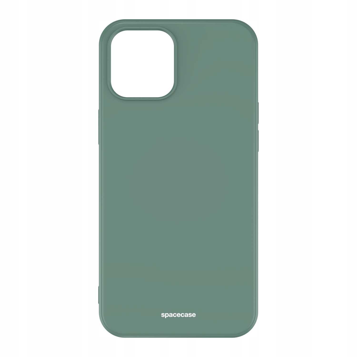 Zielone silikonowe etui z wycięciem na aparat, z napisem \'spacecase\' na dole.