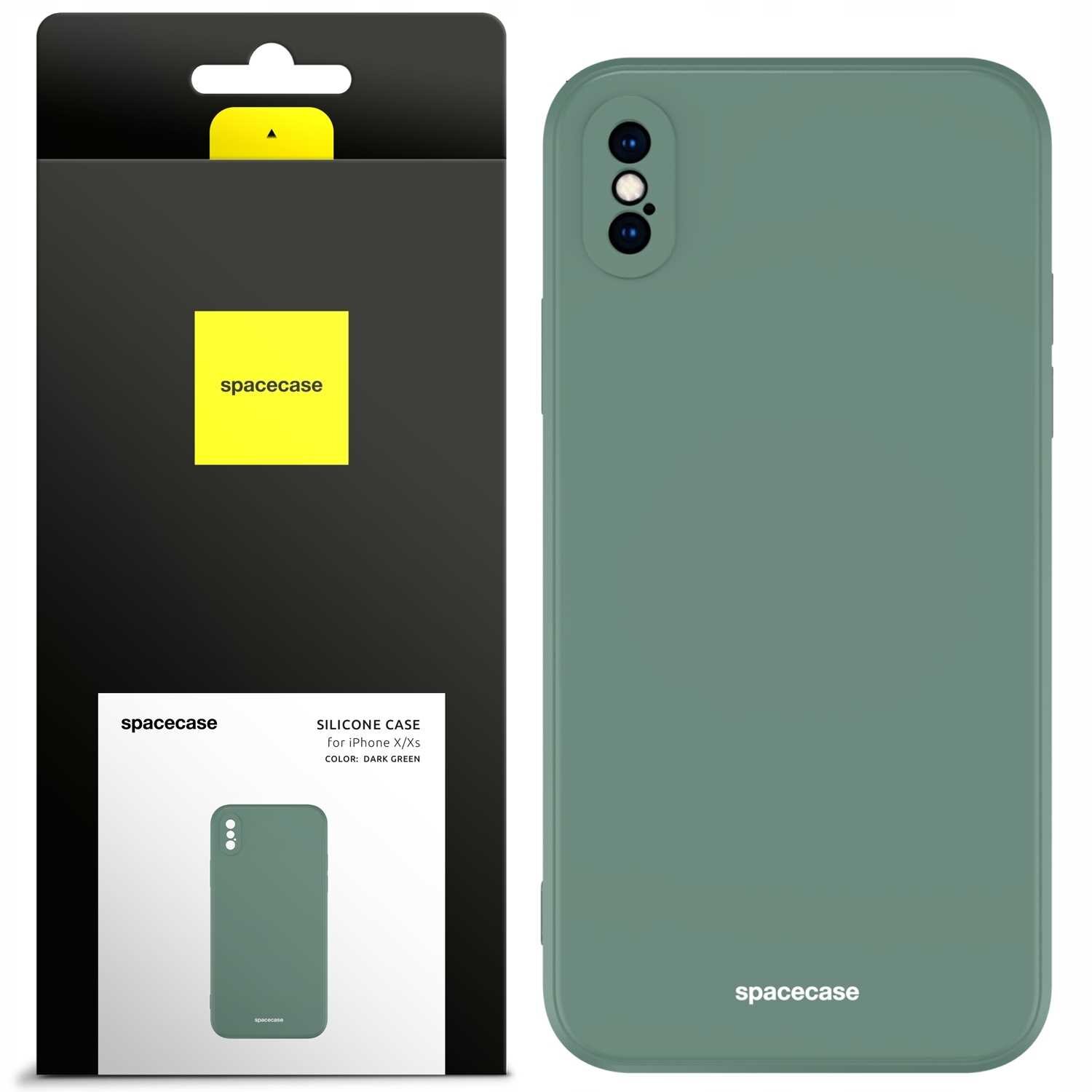 Zielone silikonowe etui na iPhone X/Xs z napisem \'spacecase\' na dole. Opakowanie zawiera logo \'spacecase\' na żółtym tle oraz informację o kolorze: DARK GREEN.