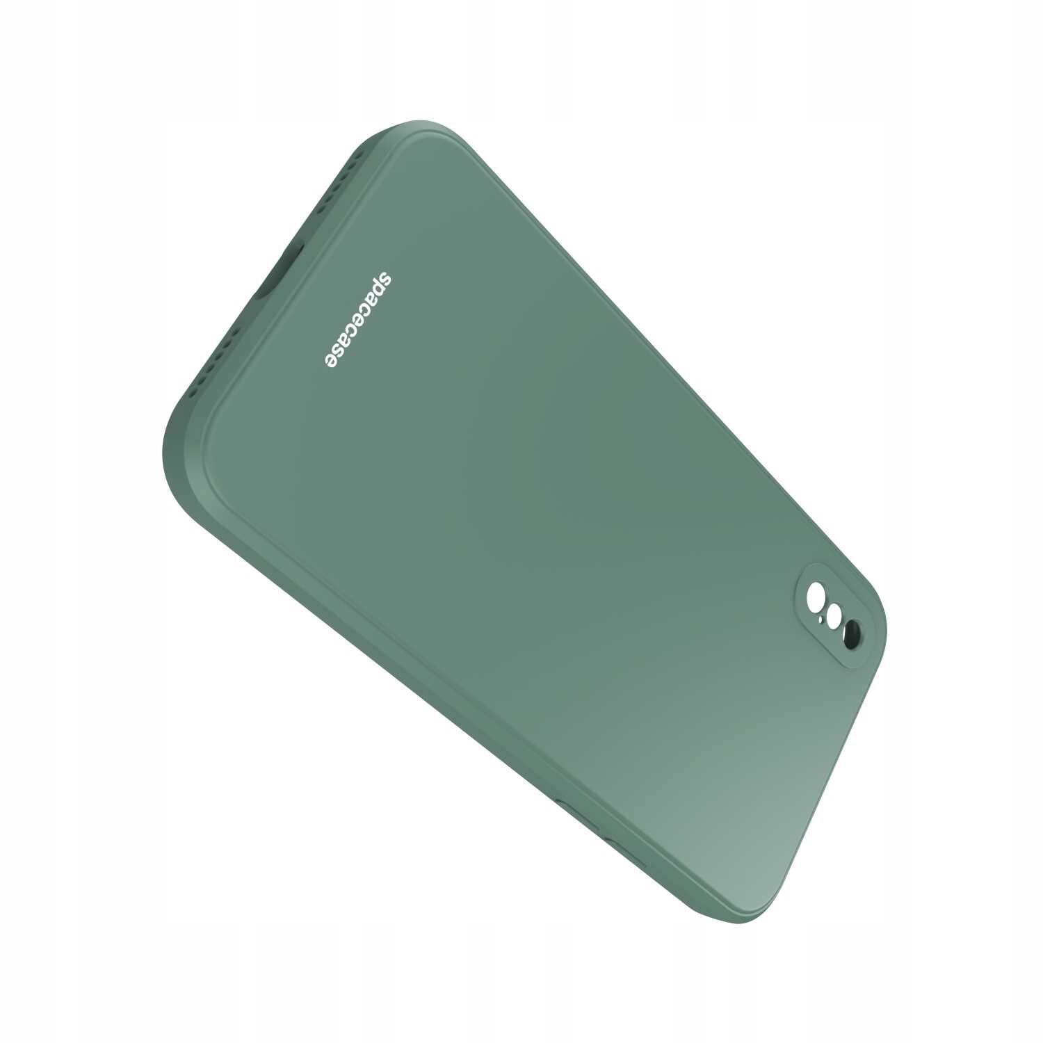Zielone silikonowe etui na telefon z wycięciami na aparat i logo \'spacecase\'.