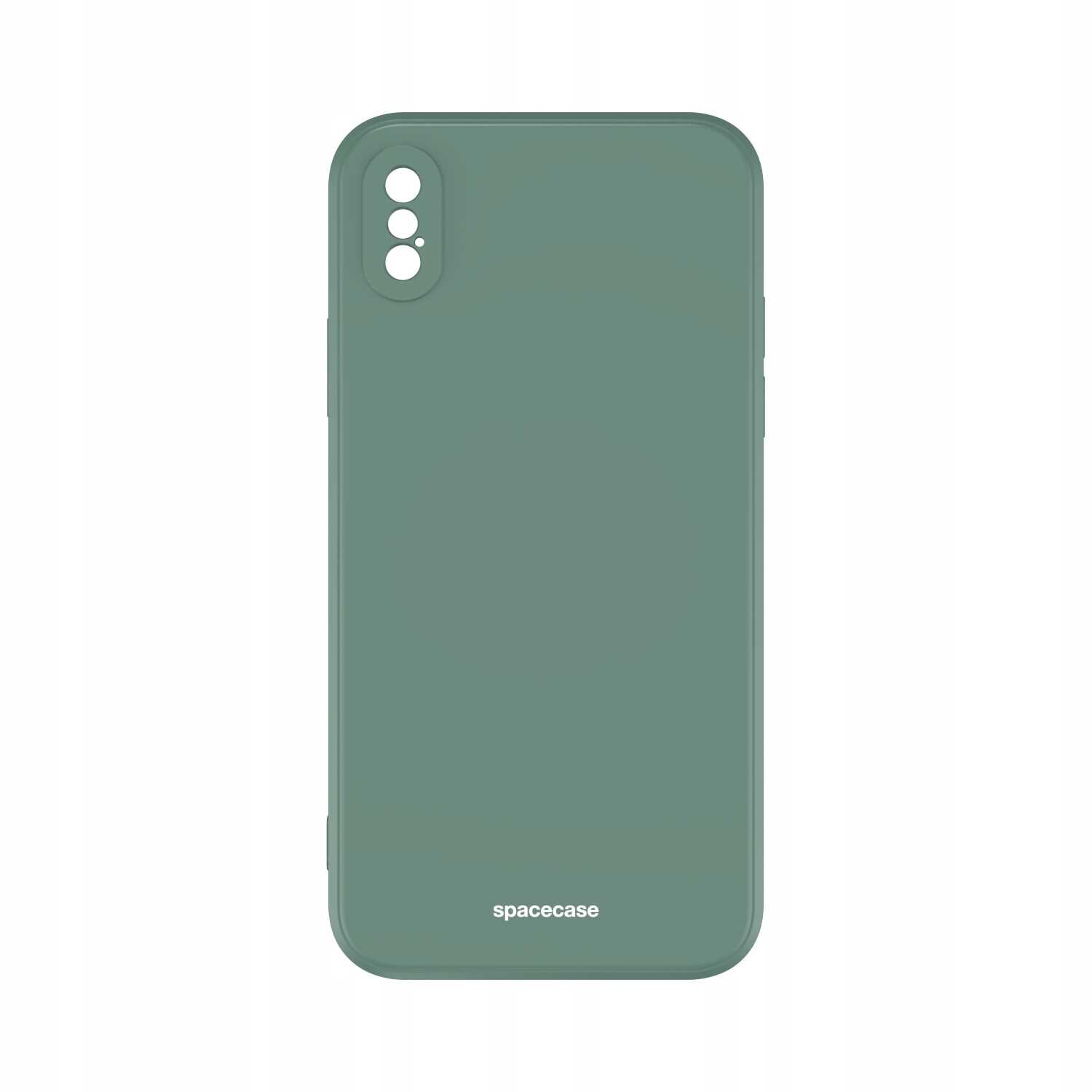 Zielone silikonowe etui z trzema otworami na aparat i napisem \'spacecase\' na dole.