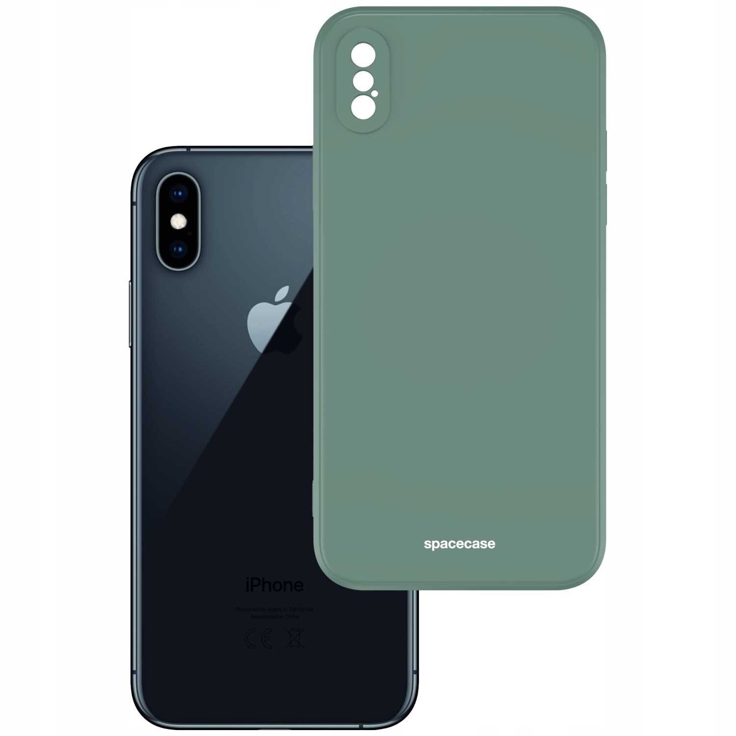 Na obrazie widoczne jest zielone silikonowe etui z napisem \'spacecase\', obok którego znajduje się smartfon z logo w kształcie nadgryzionego jabłka.