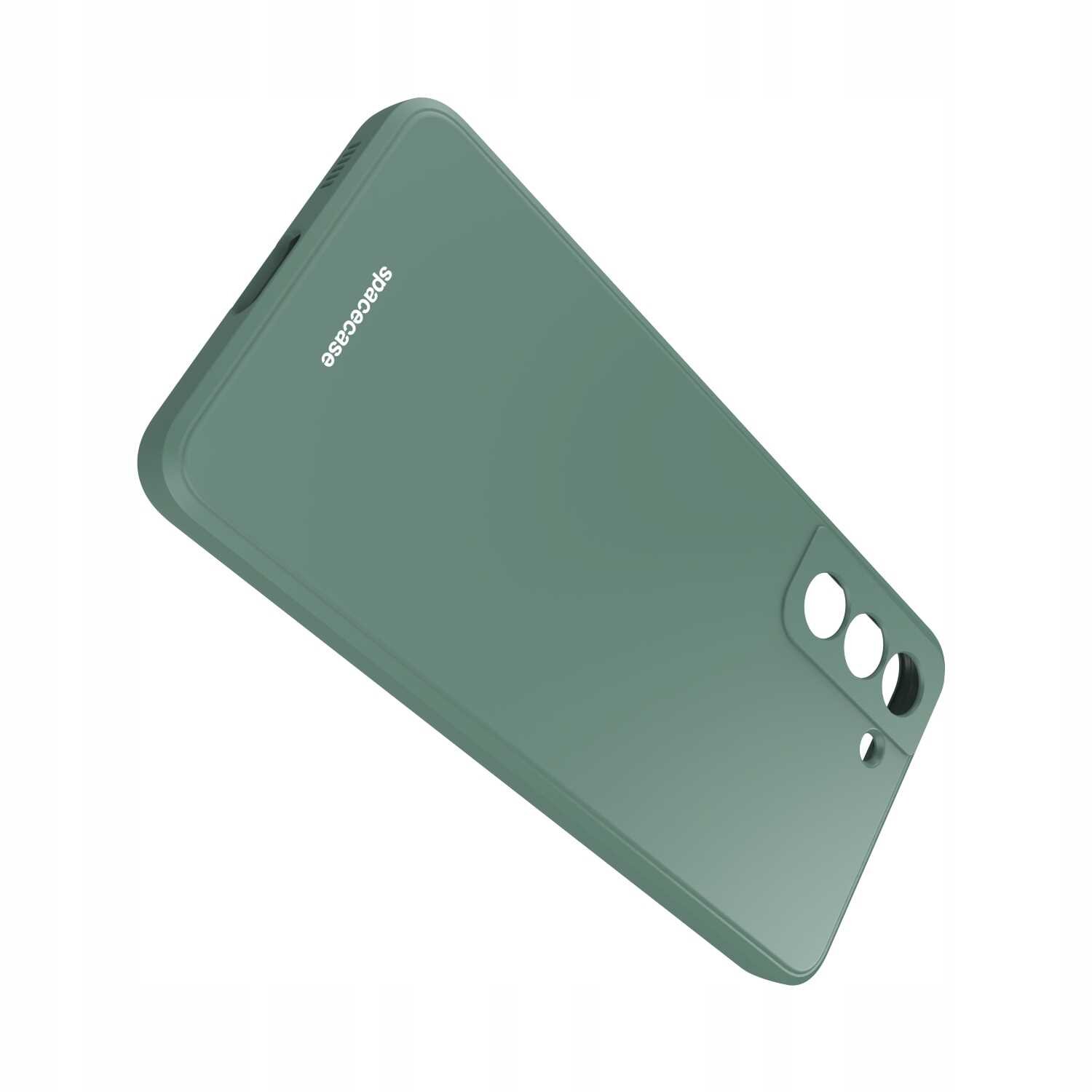 Zielone silikonowe etui z trzema otworami na aparat i logo \'Spacecase\' na powierzchni.