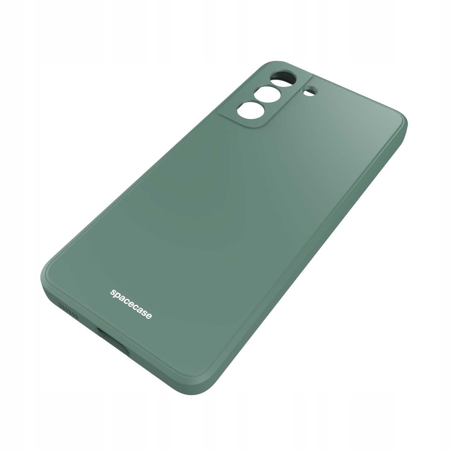 Zielone silikonowe etui z trzema otworami na aparat i napisem \'spacecase\' na dole.