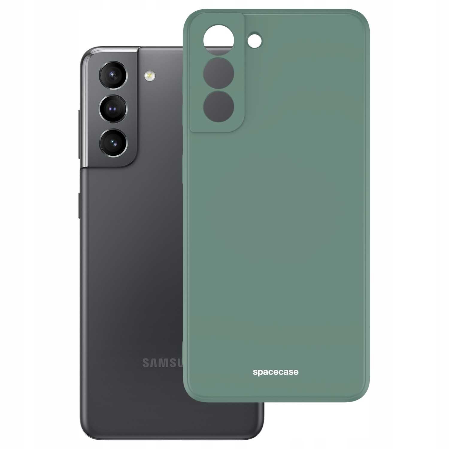 Na obrazie widoczny jest czarny smartfon z trzema obiektywami aparatu oraz zielone silikonowe etui z napisem \'spacecase\'.