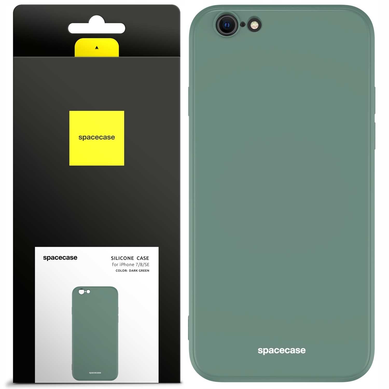 Obraz przedstawia zielone silikonowe etui na telefon z napisem \'spacecase\'. Opakowanie produktu zawiera tekst: \'spacecase SILICONE CASE for iPhone 7/8/SE COLOR: DARK GREEN\'.