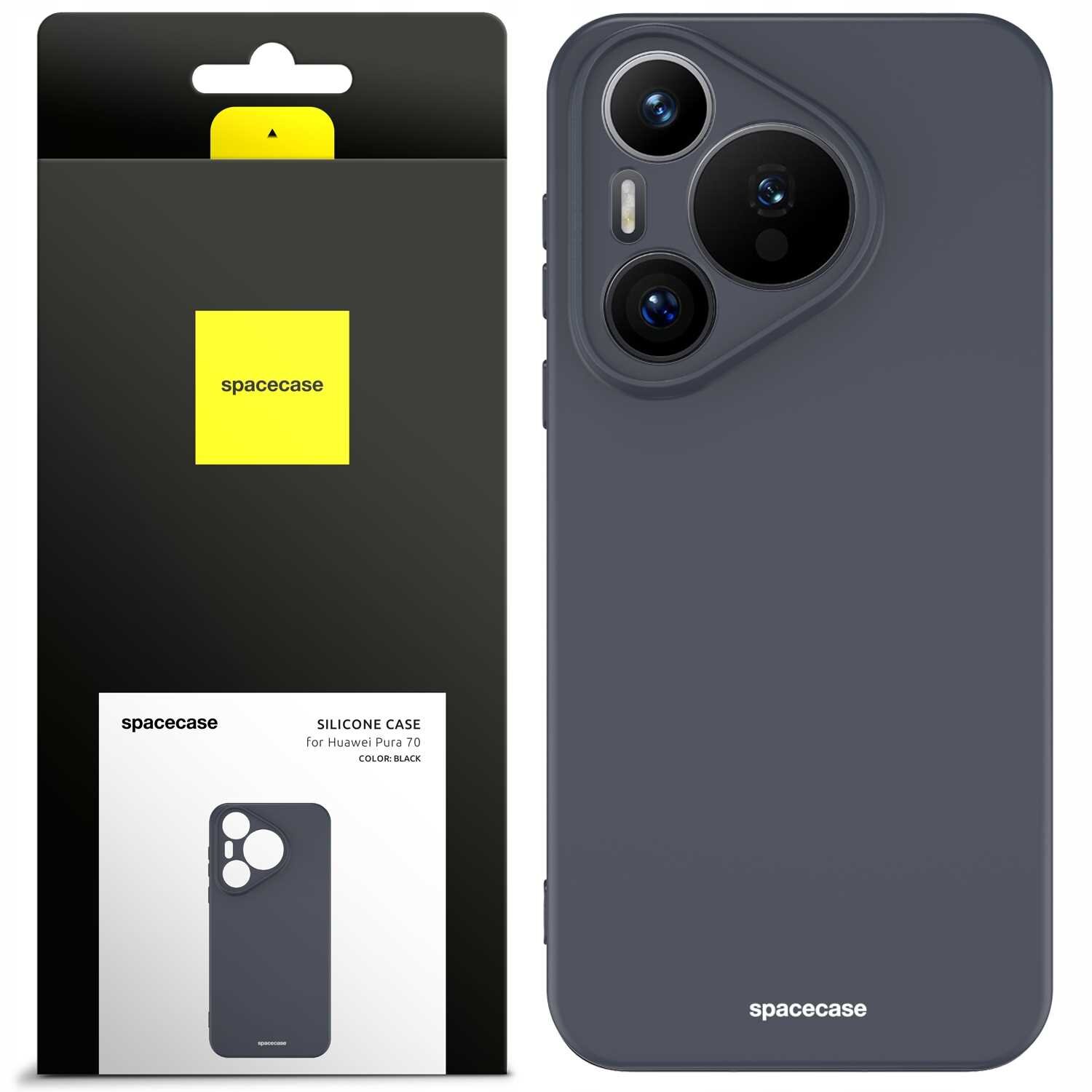Czarne silikonowe etui na telefon z trzema otworami na aparaty i logo \'spacecase\' na dole. Opakowanie produktu jest czarne z żółtym kwadratem i napisem \'spacecase\'.