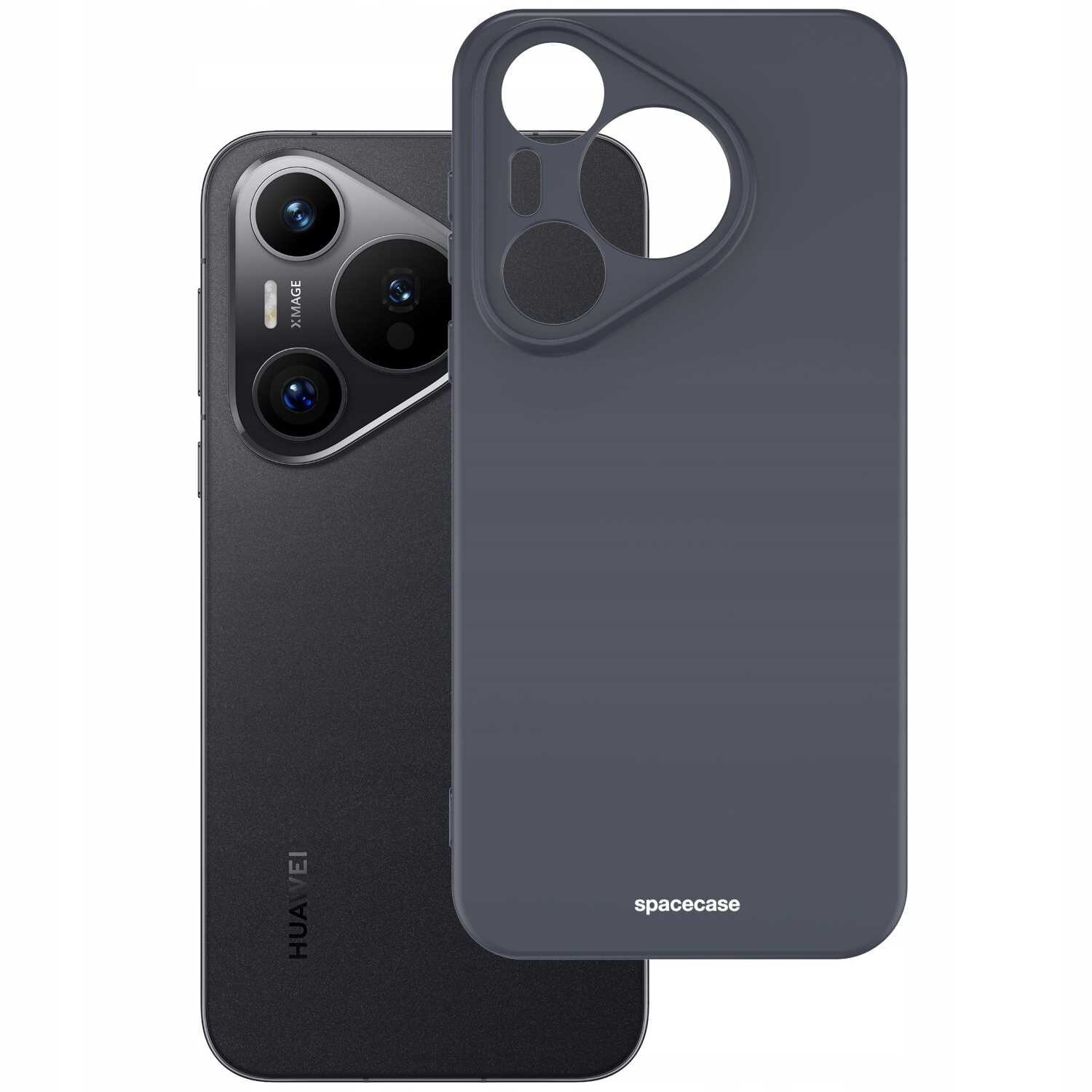 Na obrazie widoczne jest czarne silikonowe etui marki spacecase, przeznaczone do telefonu Huawei. Etui ma wycięcia na aparat i przyciski, a na dole widnieje napis \'spacecase\'.