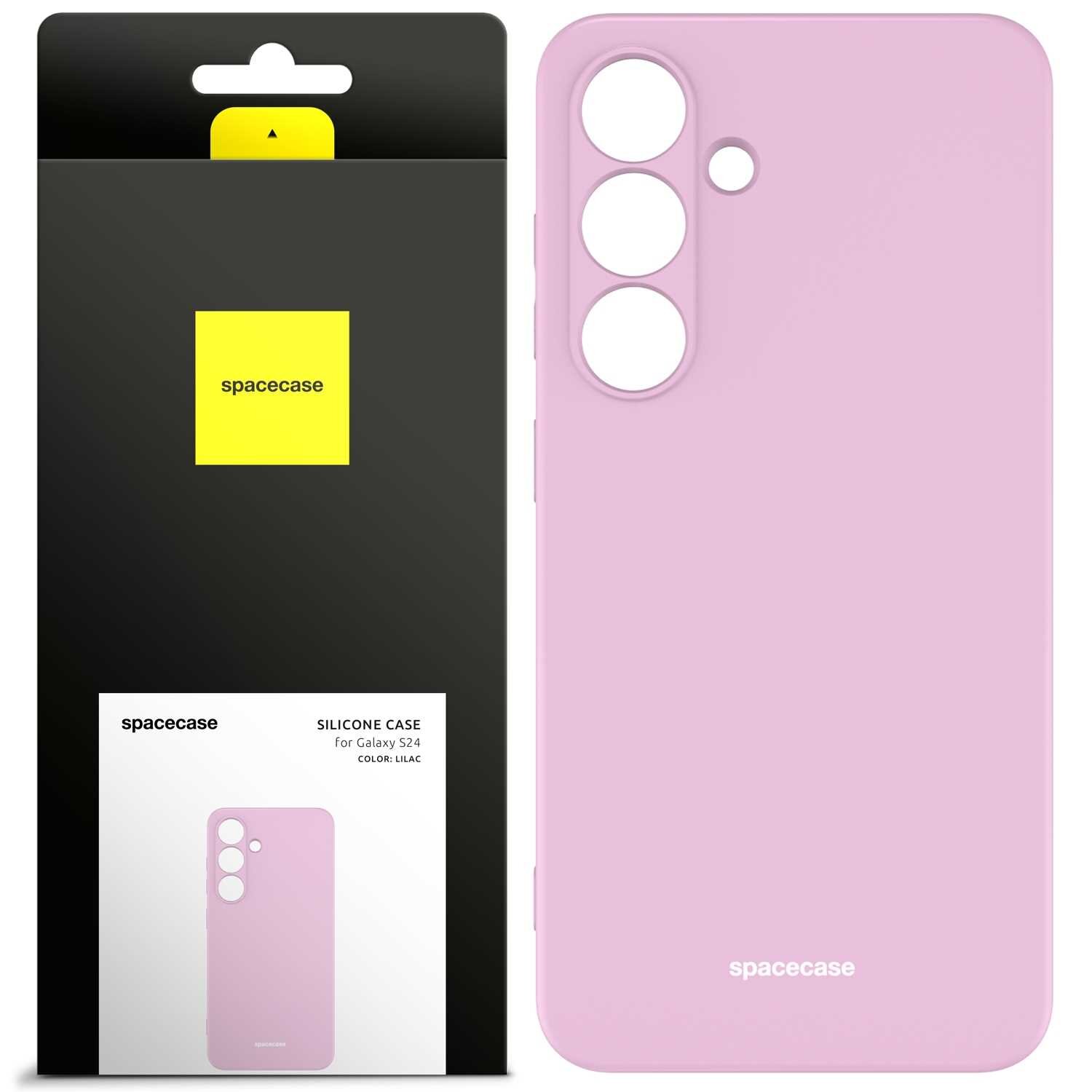 Różowe silikonowe etui na telefon z trzema otworami na aparat i jednym mniejszym otworem. Opakowanie z logo \'spacecase\' i napisem \'SILICONE CASE for Galaxy S24 COLOR: LILAC\'.