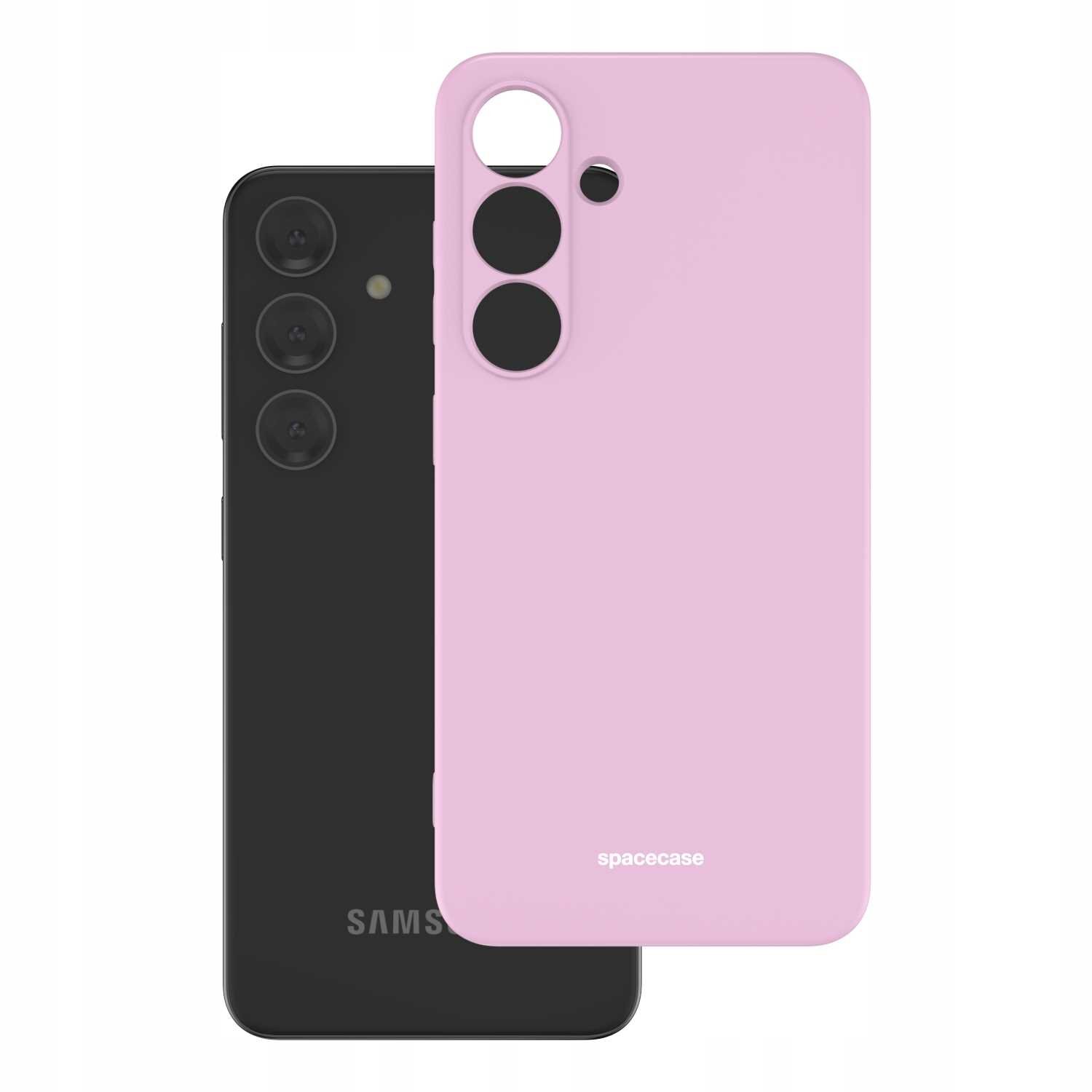 Na obrazie widoczne jest różowe silikonowe etui z napisem \'spacecase\', przeznaczone do telefonu z trzema aparatami. W tle znajduje się czarny telefon z logo \'SAMSUNG\'.