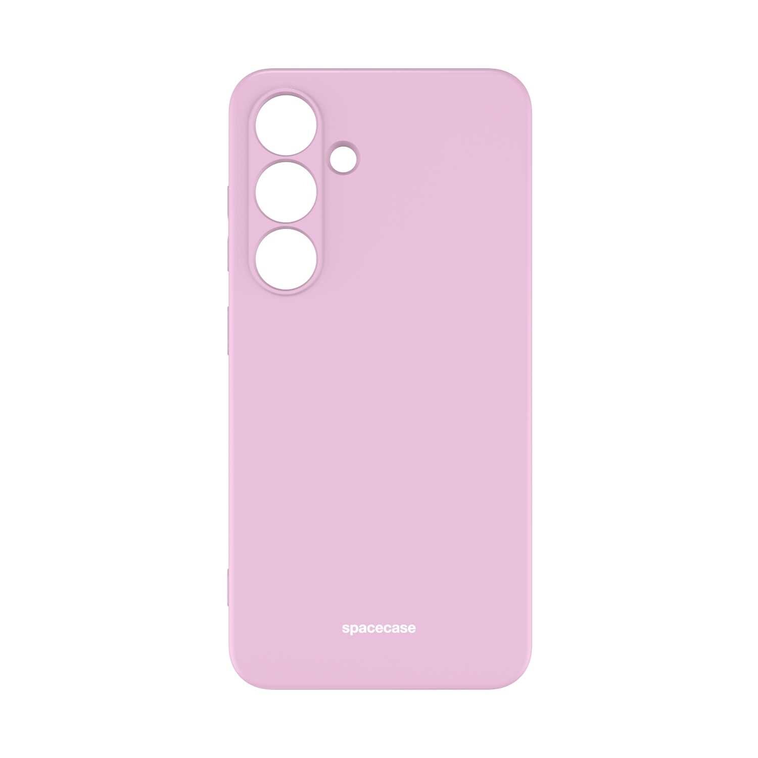 Różowe silikonowe etui z trzema dużymi otworami na aparaty i jednym mniejszym otworem. Na dole widoczny jest napis \'spacecase\'.