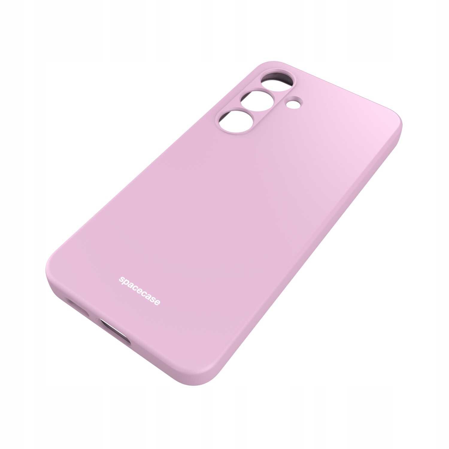 Różowe silikonowe etui z trzema otworami na aparaty i napisem \'spacecase\' na dole. Etui jest przeznaczone do telefonu Galaxy S24.