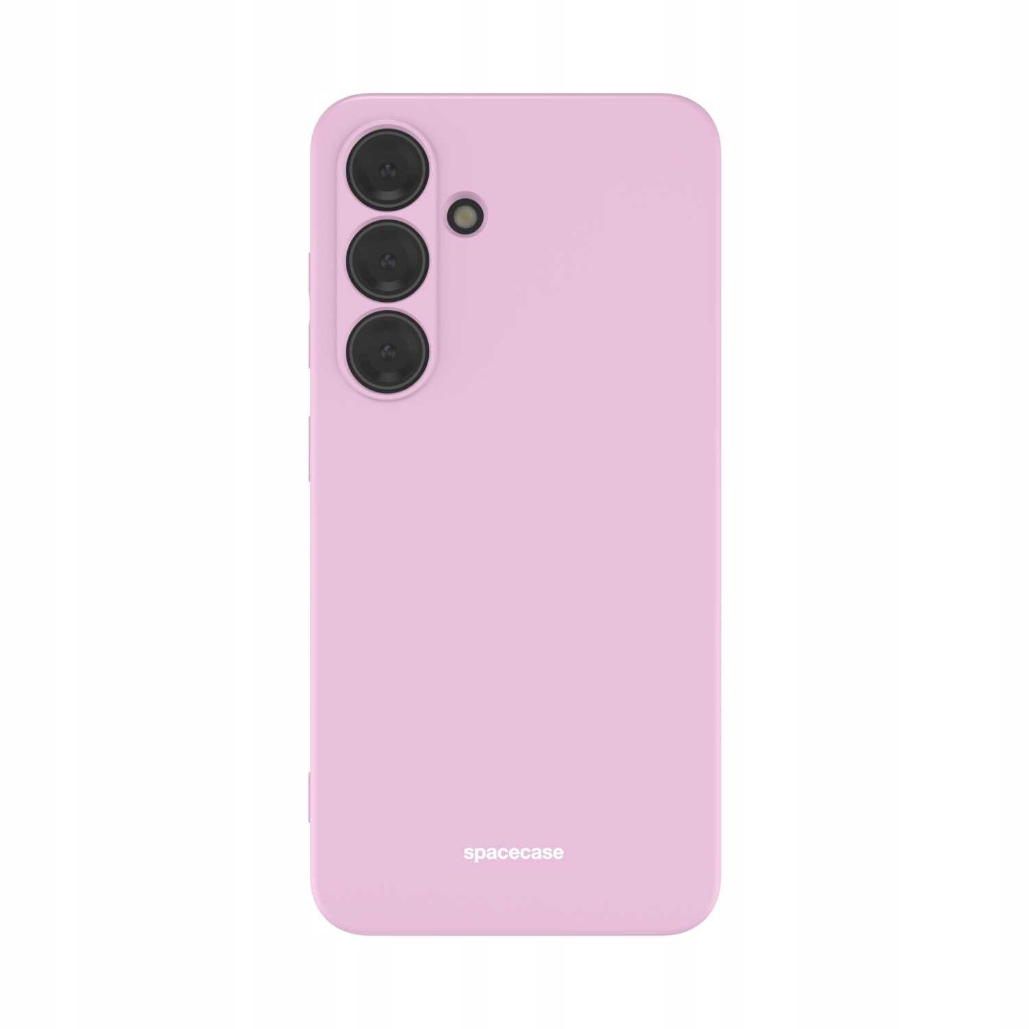 Różowe silikonowe etui na telefon z trzema okrągłymi wycięciami na aparaty i jednym na lampę błyskową. Na dole widoczny jest napis \'spacecase\'.