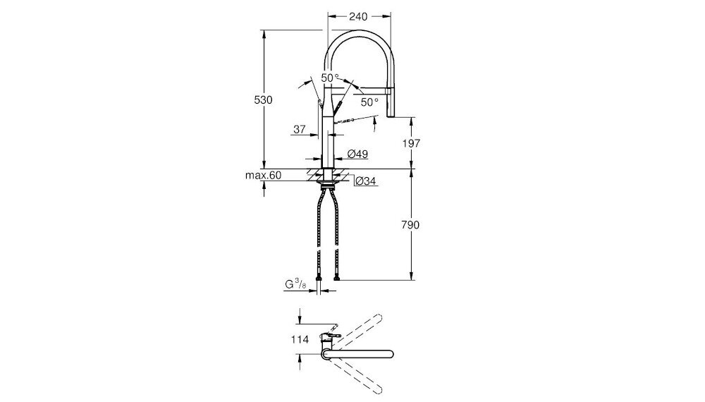 Schemat techniczny baterii z wymiarami: wysokość 530 mm, zasięg wylewki 240 mm, średnica otworu montażowego 34 mm. Widoczne kąty obrotu 50° i oznaczenia G3/8 oraz 049, 037, 197, 790, 114 mm.