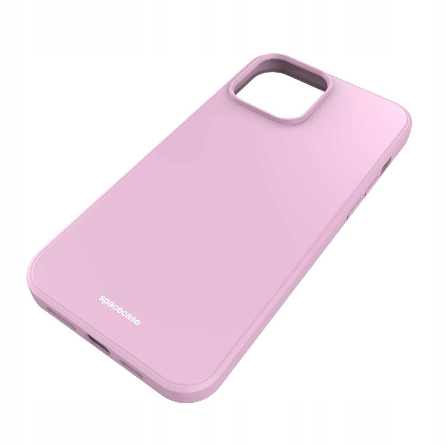 Różowe silikonowe etui na telefon z wycięciem na aparat. Na etui widoczny jest napis \'spacecase\'.