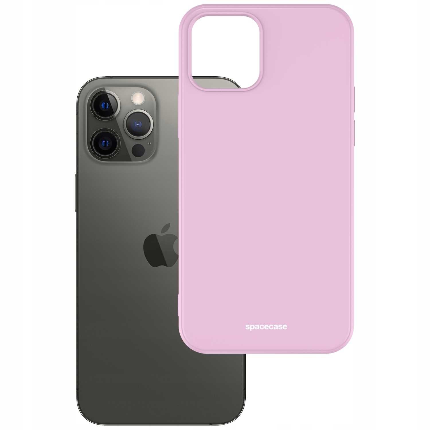 Na obrazie widoczne jest różowe silikonowe etui z napisem \'spacecase\', obok którego znajduje się telefon z trzema obiektywami aparatu i logo w kształcie jabłka.