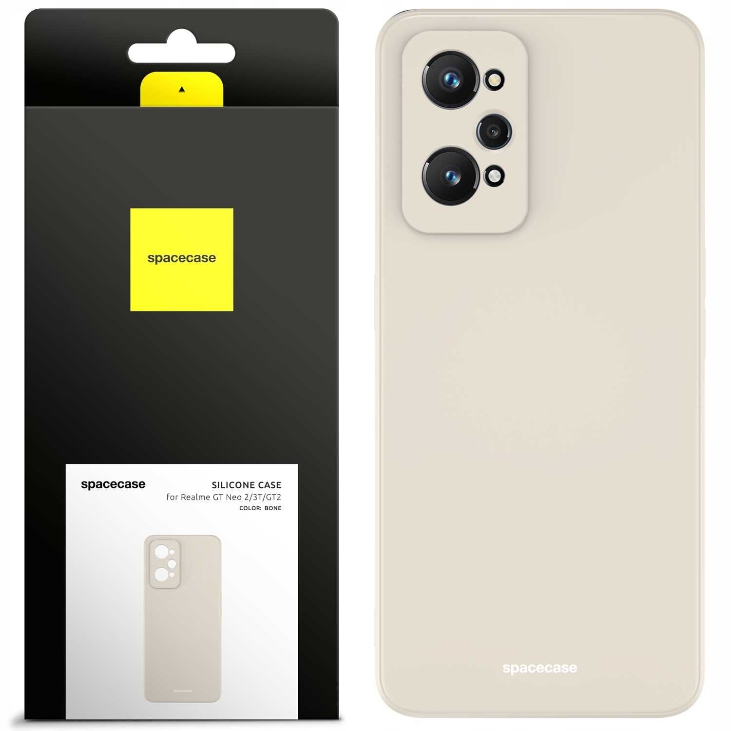 Obraz przedstawia beżowe silikonowe etui na telefon z trzema otworami na aparaty. Obok znajduje się opakowanie z logo \'spacecase\' i napisem \'SILICONE CASE for Realme GT Neo 2/3T/GT2 COLOR: BONE\'.