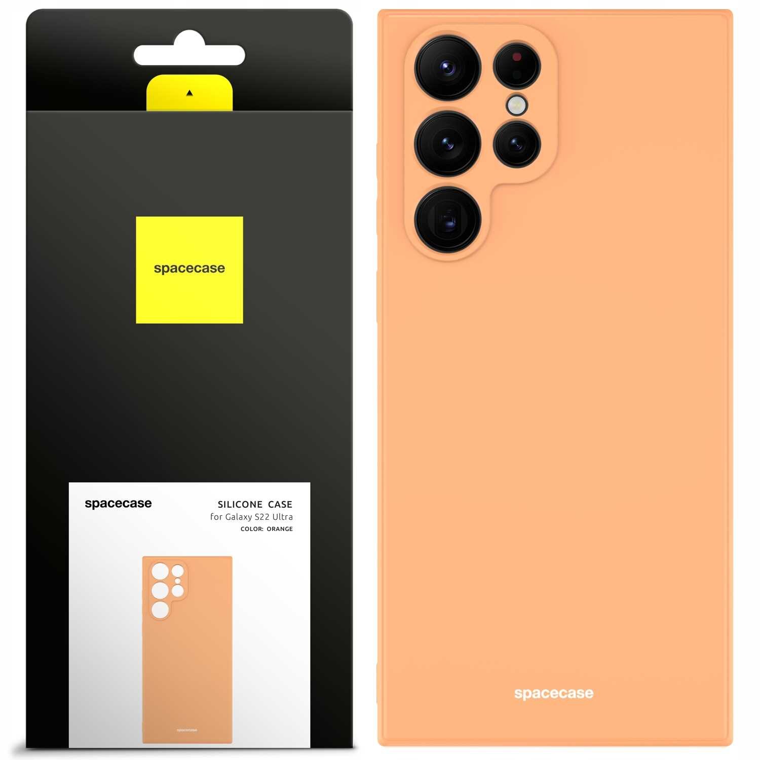 Pomarańczowe silikonowe etui na telefon z wycięciami na aparaty, obok opakowanie z logo \'spacecase\' i napisem \'SILICONE CASE for Galaxy S22 Ultra COLOR: ORANGE\'.