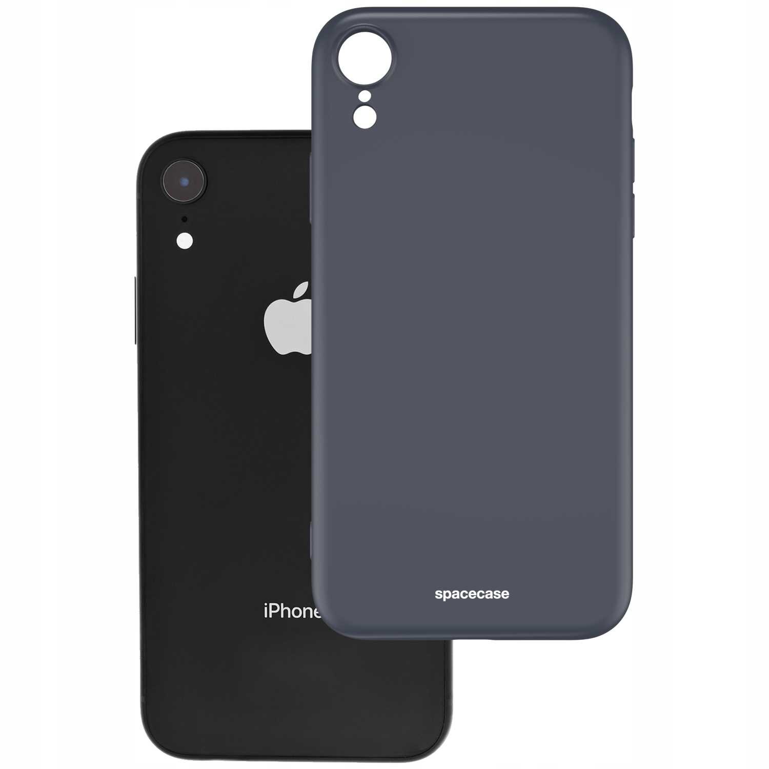 Na obrazie widoczne są dwa czarne etui na telefon, jedno z logo jabłka, a drugie z napisem \'spacecase\'.