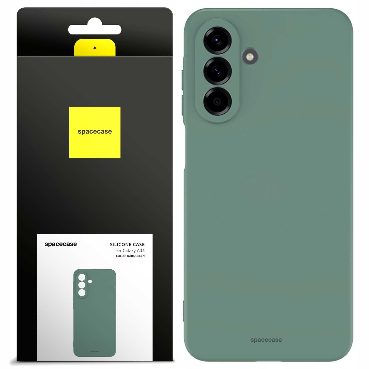 Zielone silikonowe etui na telefon z trzema otworami na aparaty. Opakowanie z logo \'spacecase\' i napisem \'SILICONE CASE for Galaxy A36 COLOR: DARK GREEN\'.