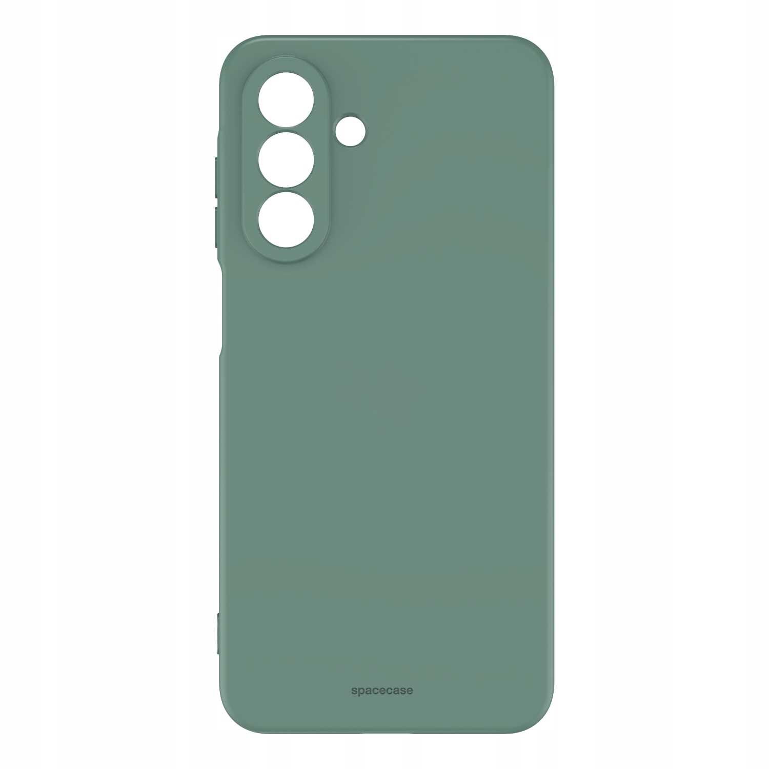 Zielone silikonowe etui z trzema otworami na aparaty i jednym mniejszym otworem. Na dole widoczny jest napis \'spacecase\'.