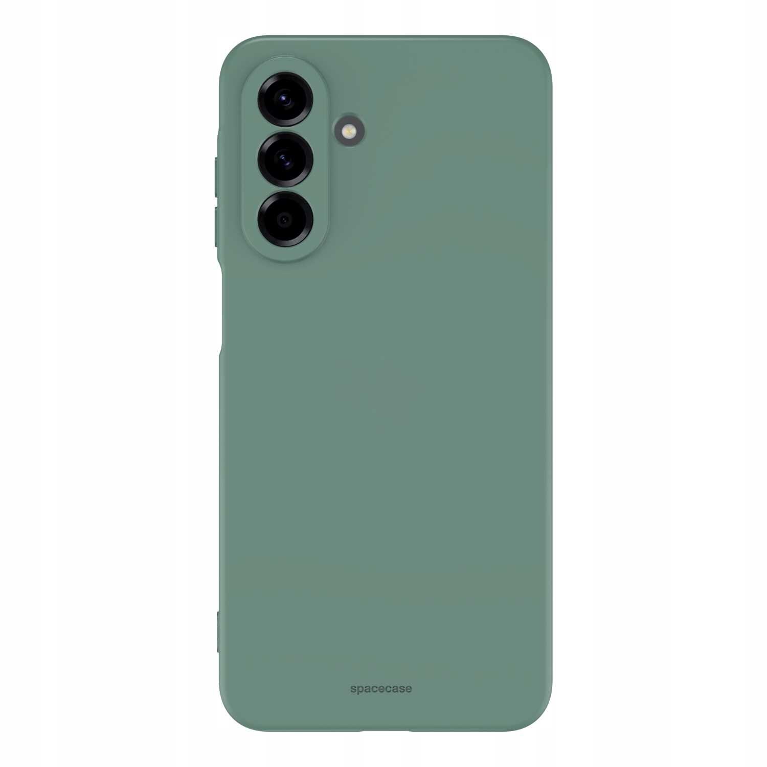 Zielone silikonowe etui z trzema otworami na aparaty i napisem \'spacecase\' na dole.