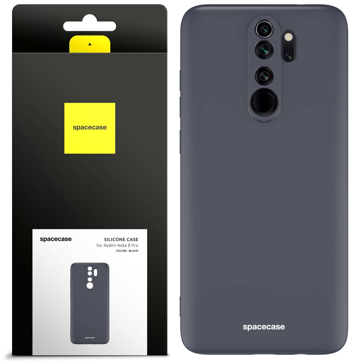 Obraz przedstawia czarne silikonowe etui na telefon z trzema otworami na aparaty i jednym na czytnik linii papilarnych. Opakowanie produktu ma czarną i żółtą kolorystykę z napisem \'spacecase\'.