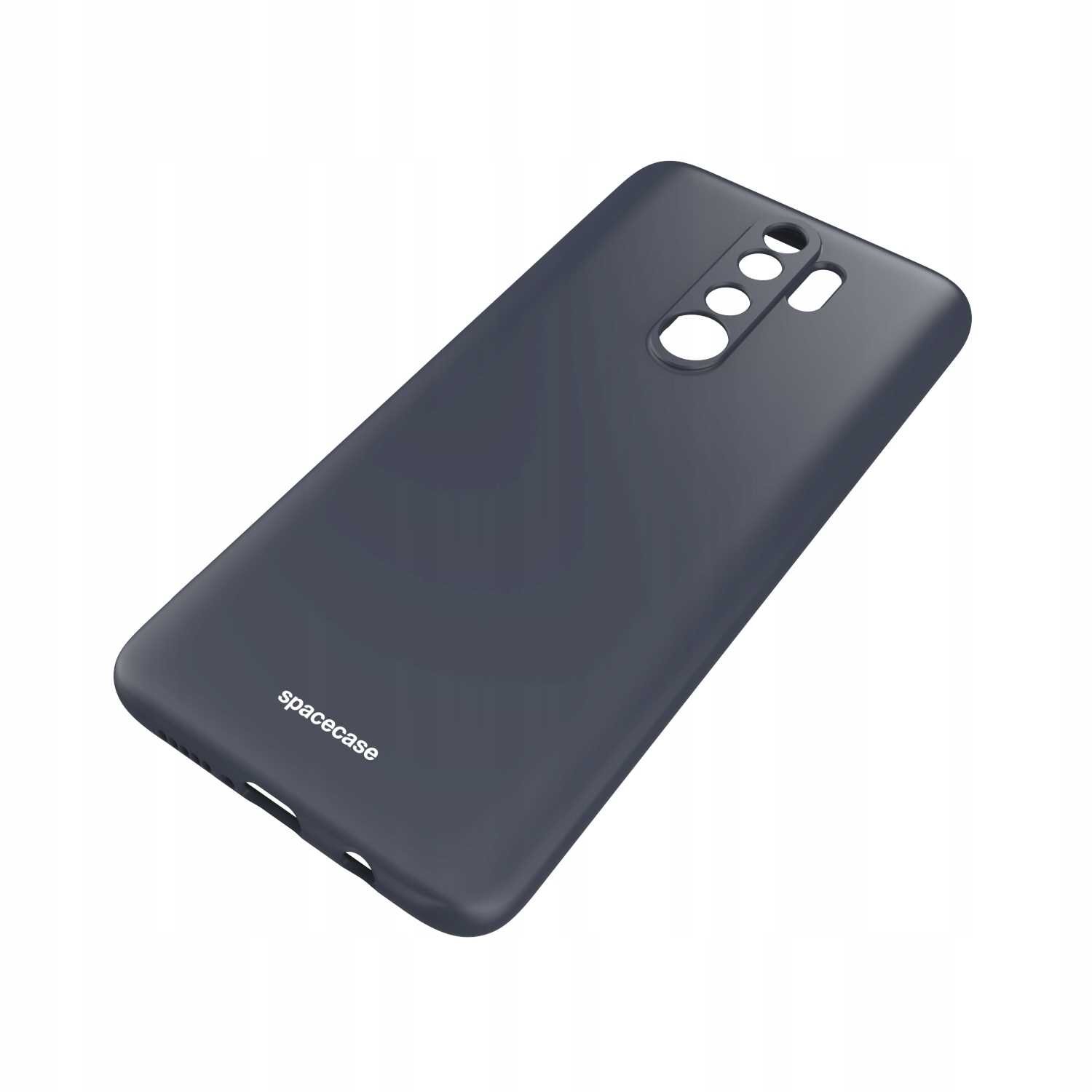 Czarne silikonowe etui z wycięciami na aparat i przyciski, z widocznym napisem \'spacecase\'.