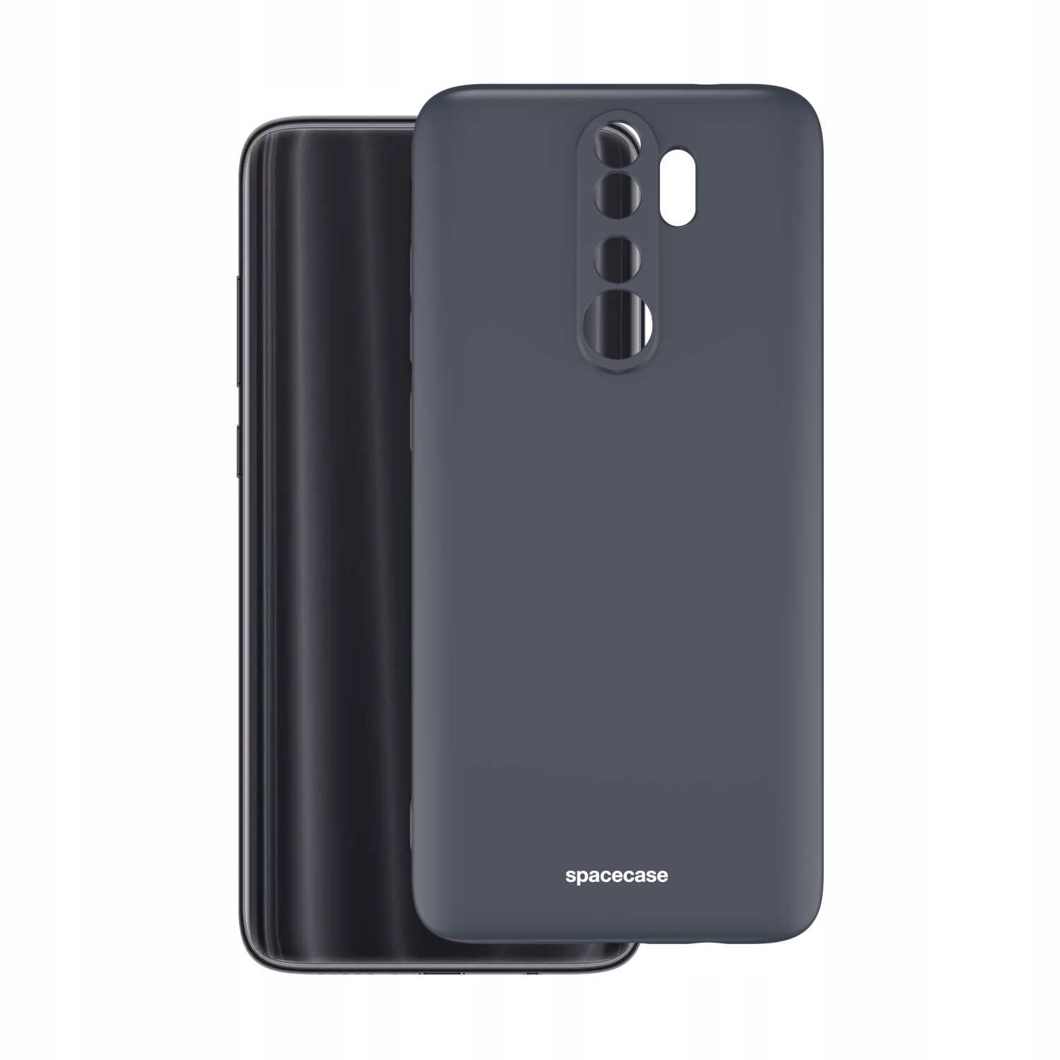 Czarne silikonowe etui z wycięciami na aparat i logo \'spacecase\' na dole. W tle widoczny jest telefon z ciemnym wyświetlaczem.