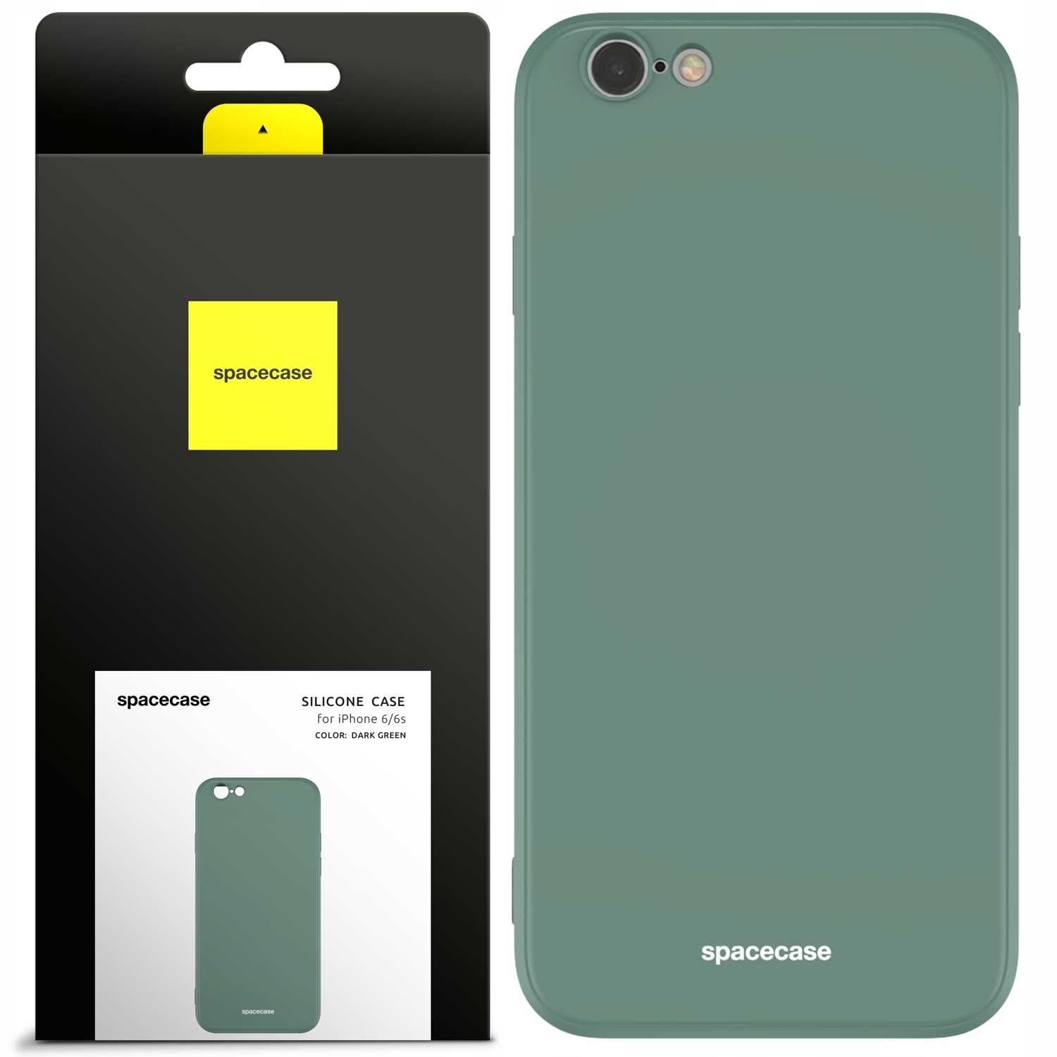 Obraz przedstawia silikonowe etui w kolorze ciemnozielonym, przeznaczone do iPhone 6/6s. Na opakowaniu widnieje napis \'spacecase\' oraz \'SILICONE CASE for iPhone 6/6s COLOR: DARK GREEN\'.