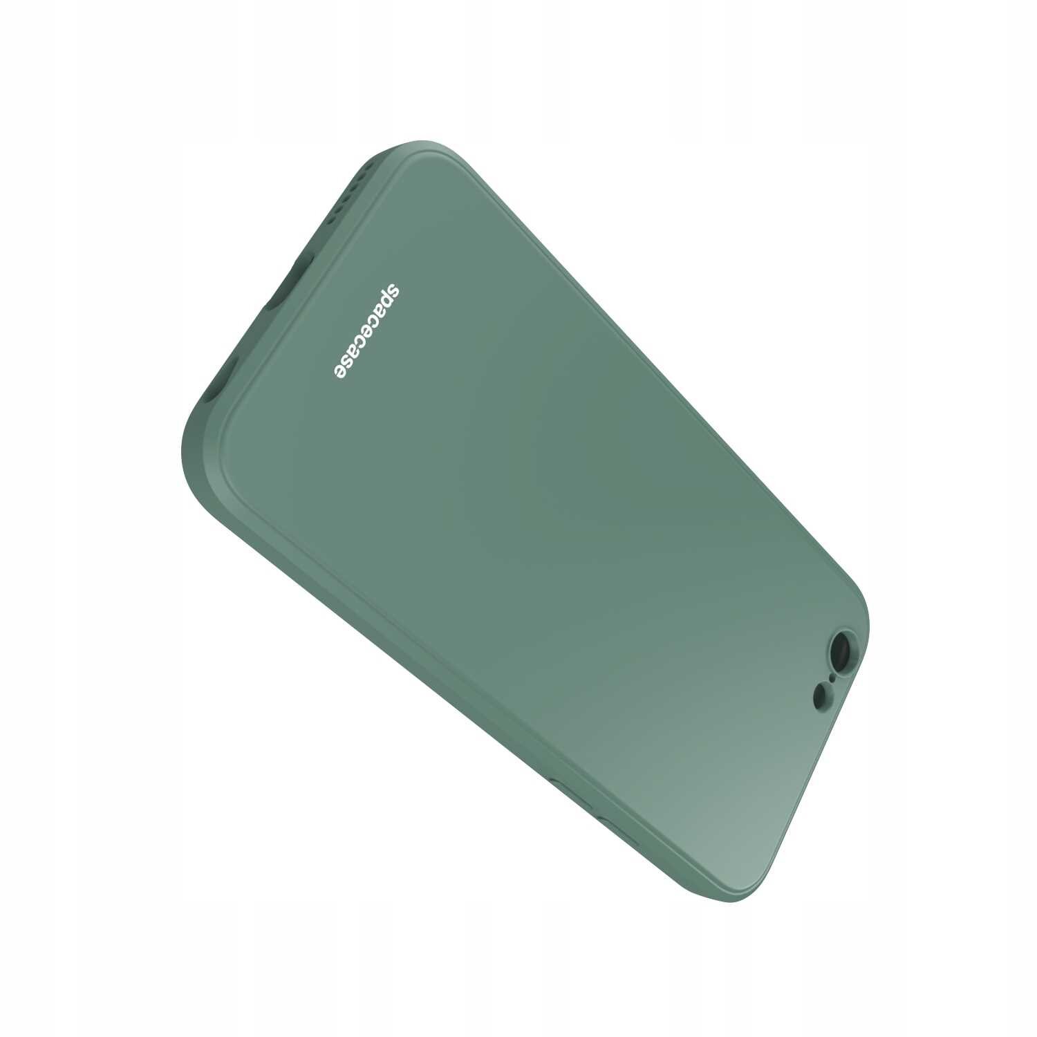 Zielone silikonowe etui na telefon z widocznym napisem \'spacecase\'.