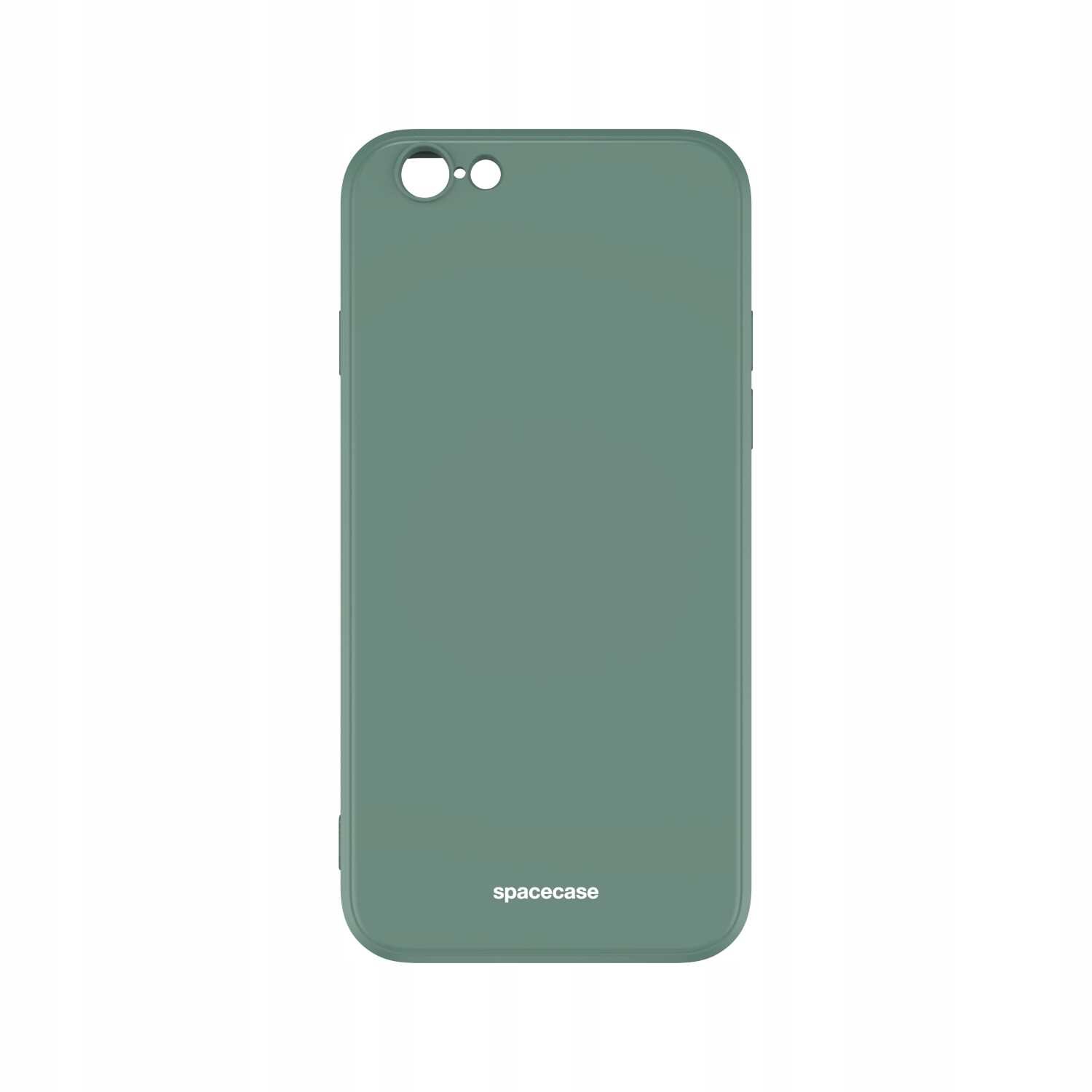 Zielone silikonowe etui z wycięciami na aparat i logo \'spacecase\' na dole.